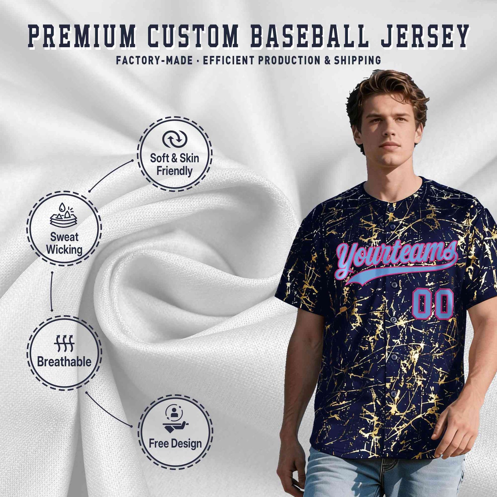 Custom Navy Powder Blue Black&Gold Marble Print Clubwear Party Streetwear Baseball Jersey