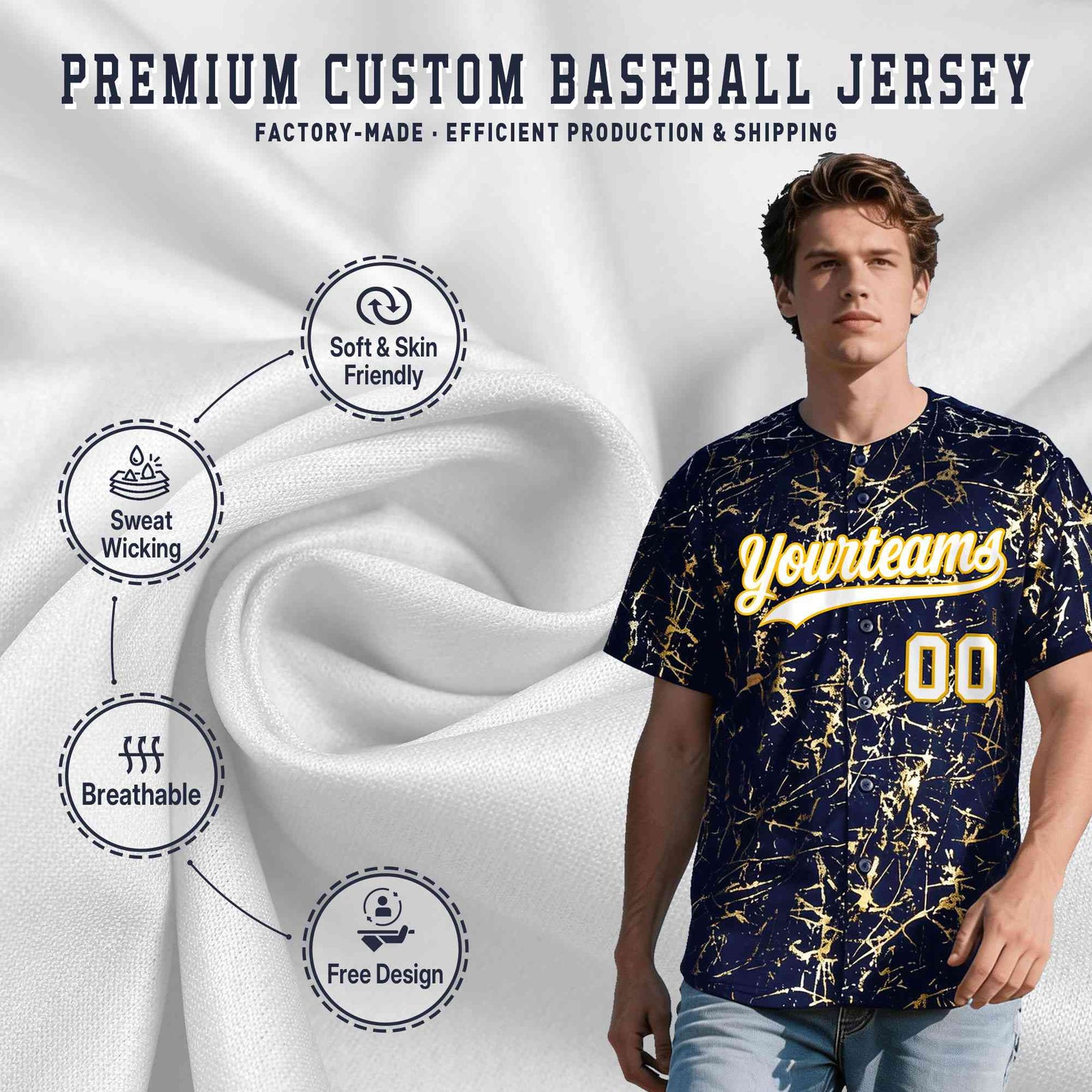Custom Navy White Black&Shiny Gold Cracked Foil Breathable Mesh Streetwear Baseball Jersey