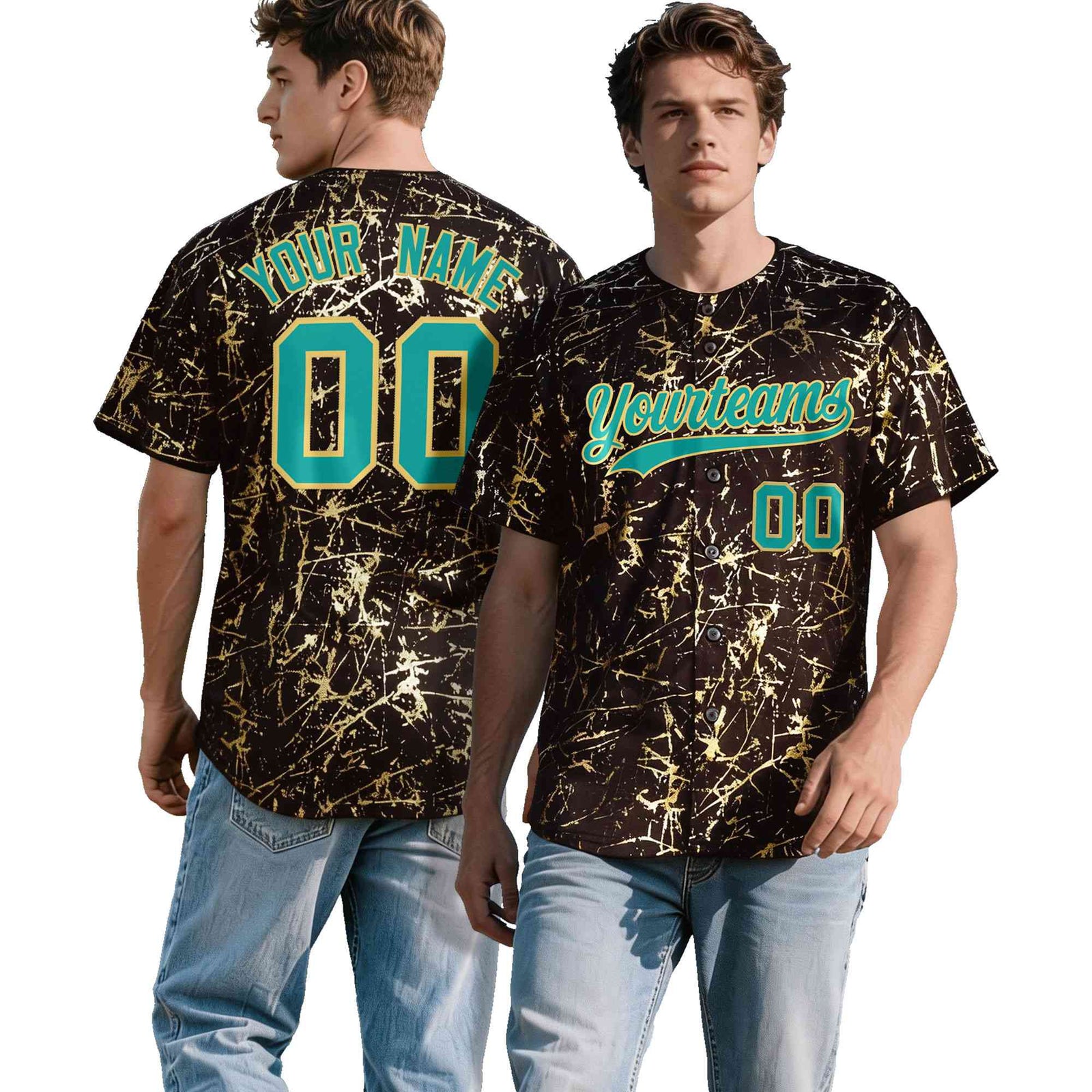 Custom Brown Aqua Metallic Gold Splatter Breathable&Wrinkle-Resistant Baseball Jersey