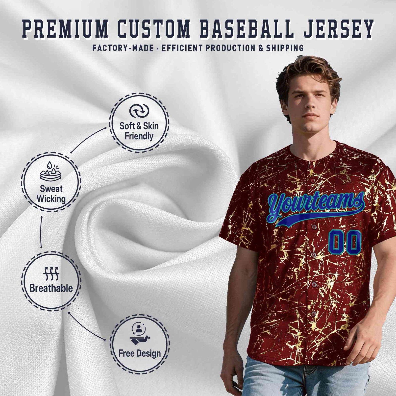 Custom Crimson Royal Metallic Gold Splatter Breathable&Wrinkle-Resistant Baseball Jersey