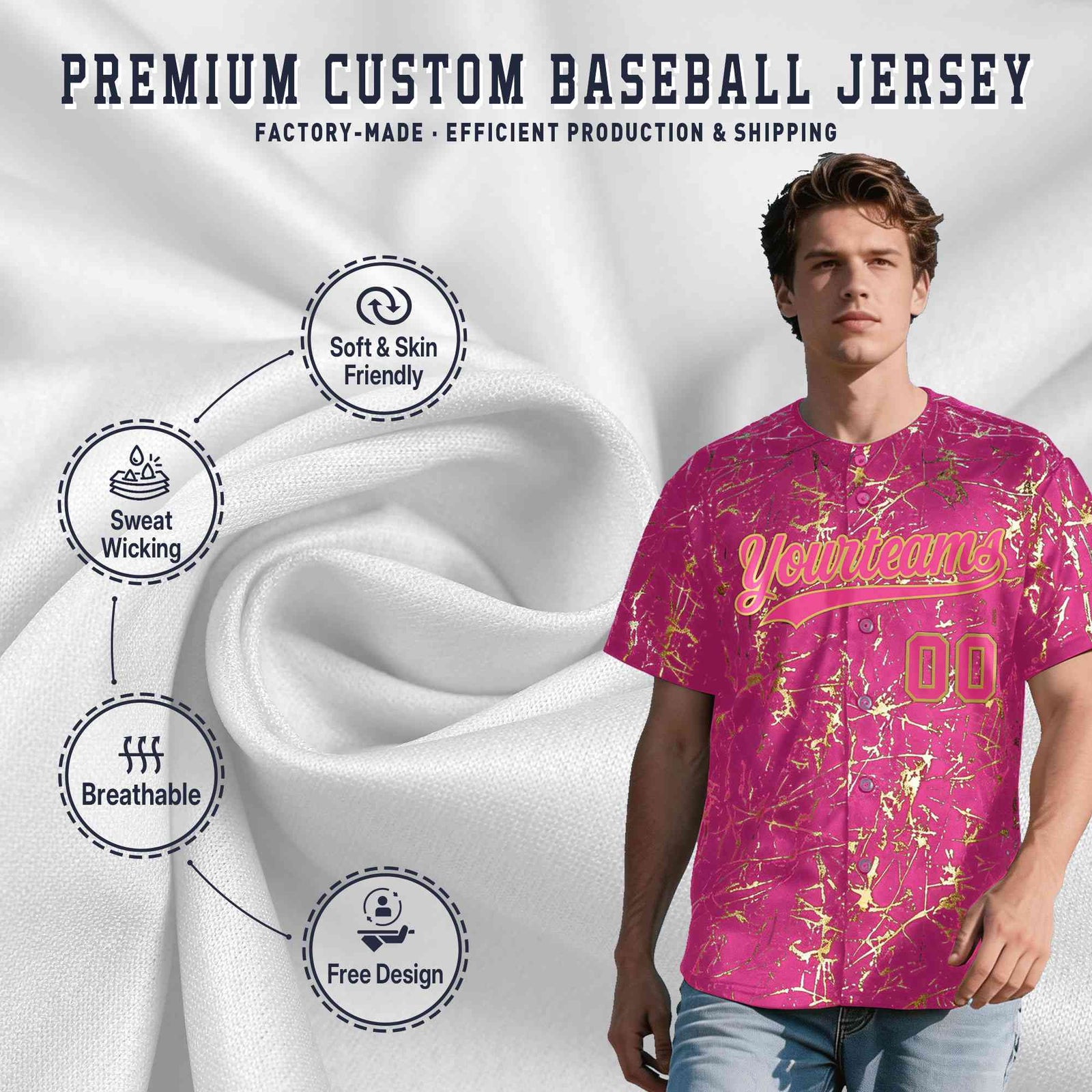 Custom Pink Old Gold Shiny Gold Cracked Texture Baseball Jersey