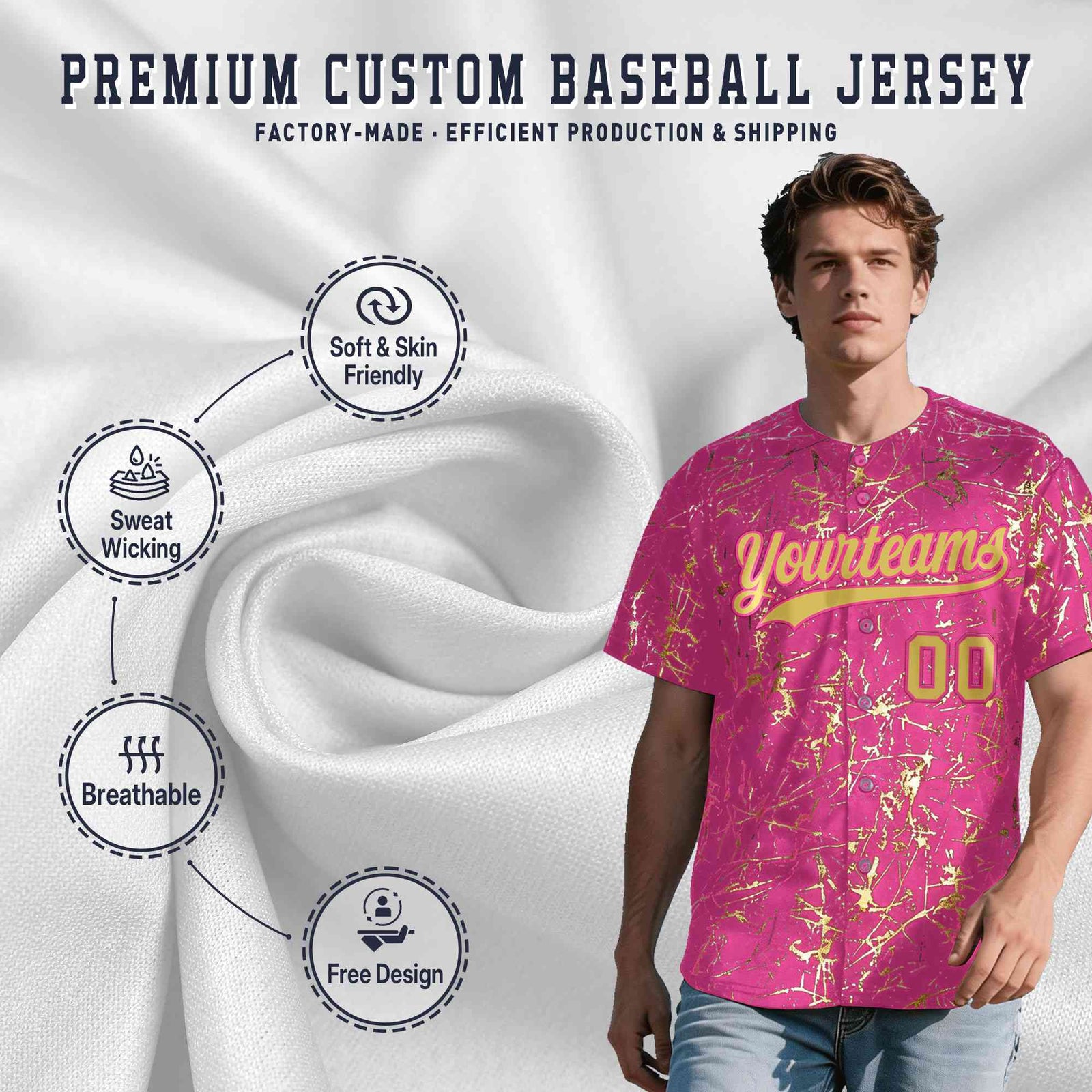 Custom Pink Old Gold Black&Shiny Gold Cracked Foil Hip Hop Button Down Baseball Jersey