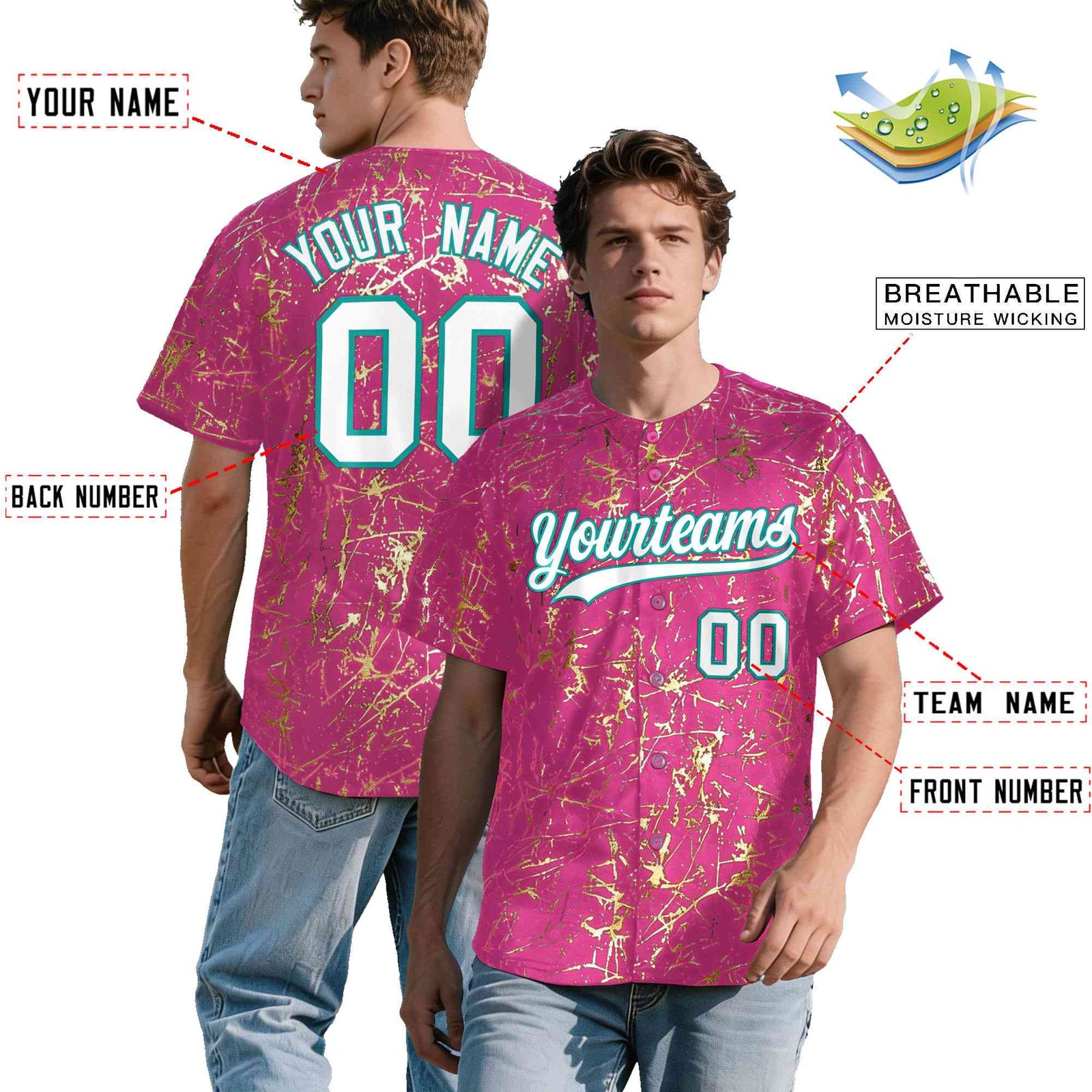 Custom Pink White Black&Shiny Gold Cracked Foil Breathable Mesh Streetwear Baseball Jersey