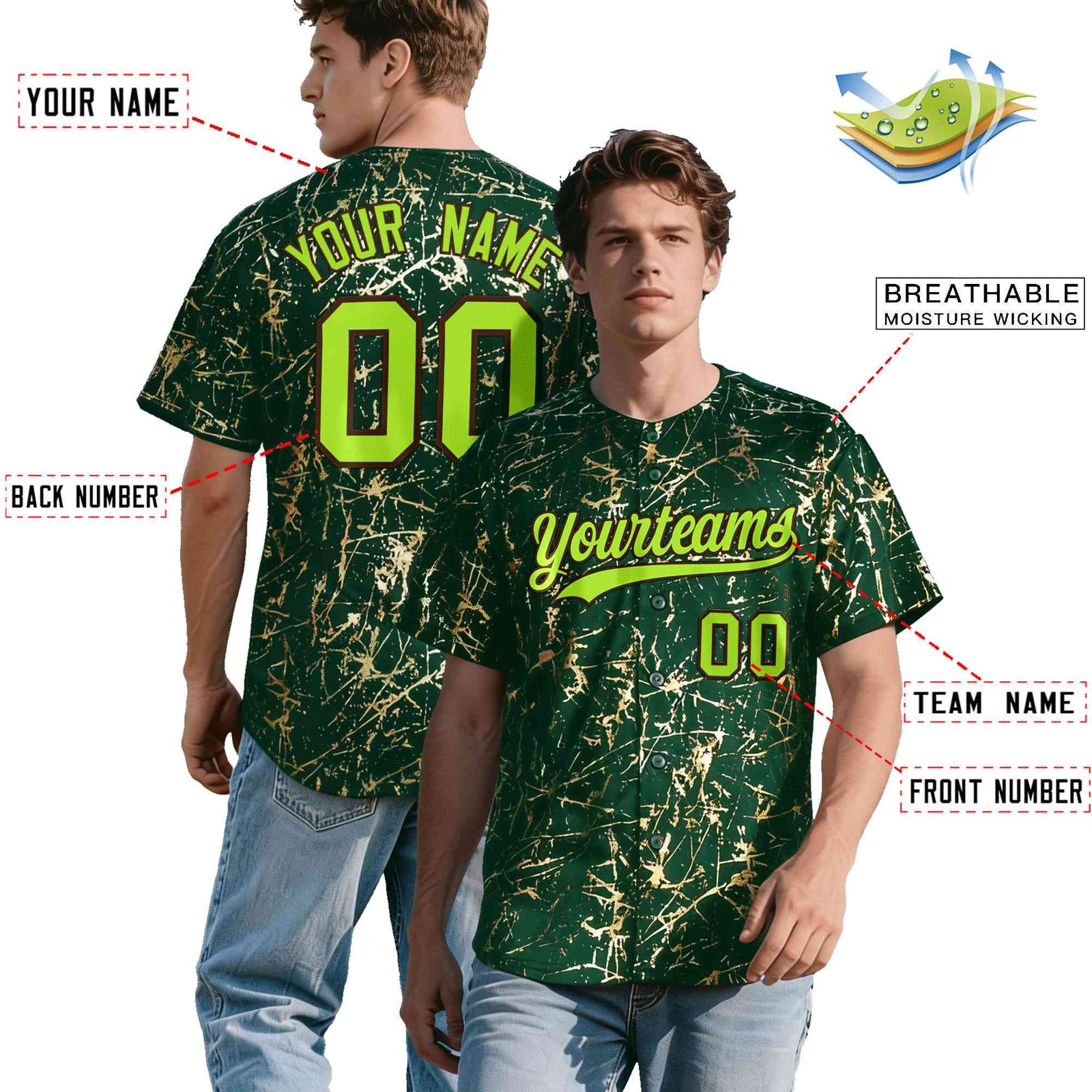 Custom Green Neon Green Black&Gold Marble Print Clubwear Party Streetwear Baseball Jersey