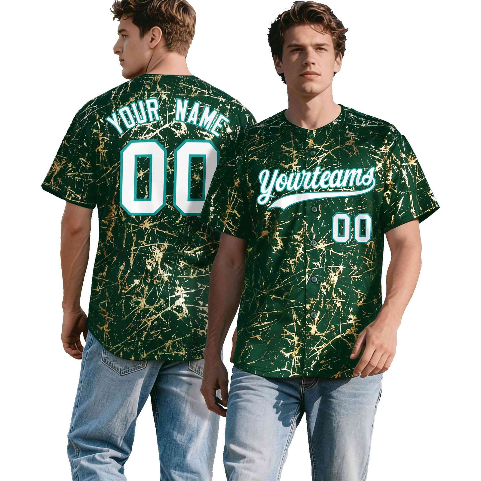 Custom Green White Black&Shiny Gold Cracked Foil Breathable Mesh Streetwear Baseball Jersey