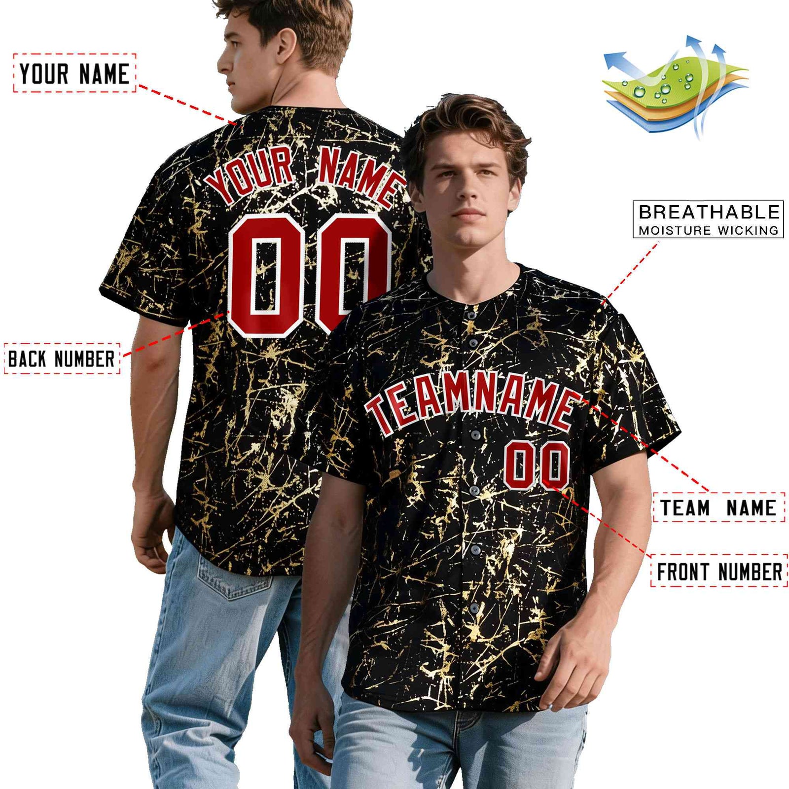 Custom Black Red Metallic Gold Splatter Breathable&Wrinkle-Resistant Baseball Jersey