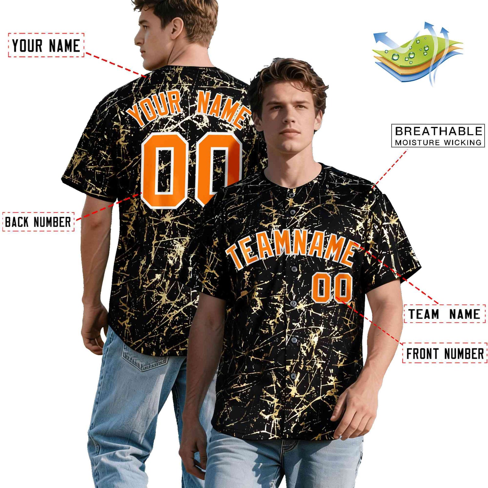 Custom Black Orange Metallic Gold Splatter Urban Streetwear Baseball Jersey
