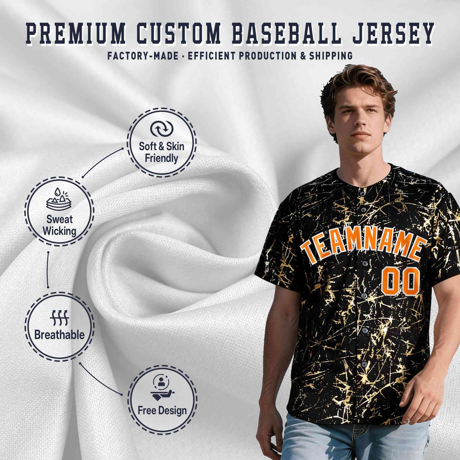 Custom Black Orange Metallic Gold Splatter Urban Streetwear Baseball Jersey
