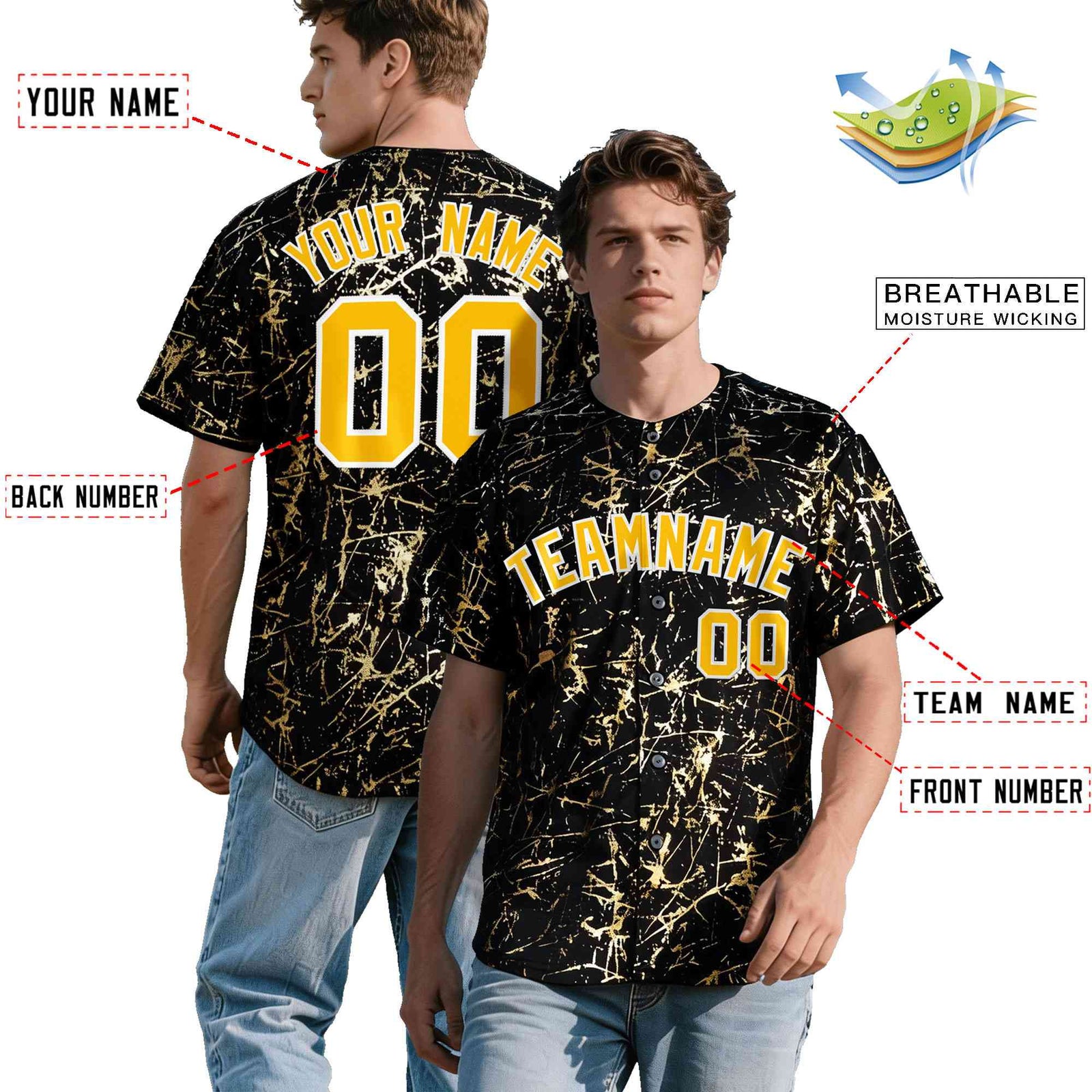Custom Black Yellow Shiny Gold Cracked Texture Baseball Jersey