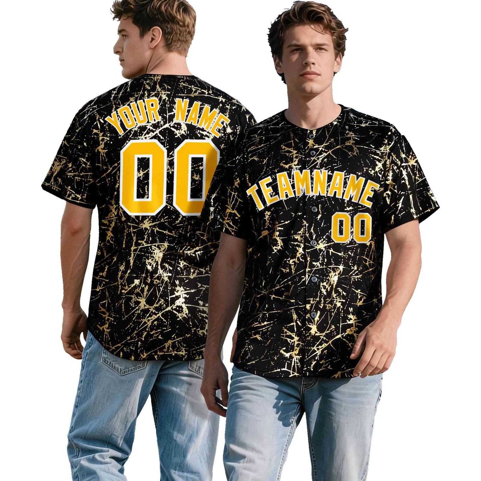 Custom Black Yellow Shiny Gold Cracked Texture Baseball Jersey