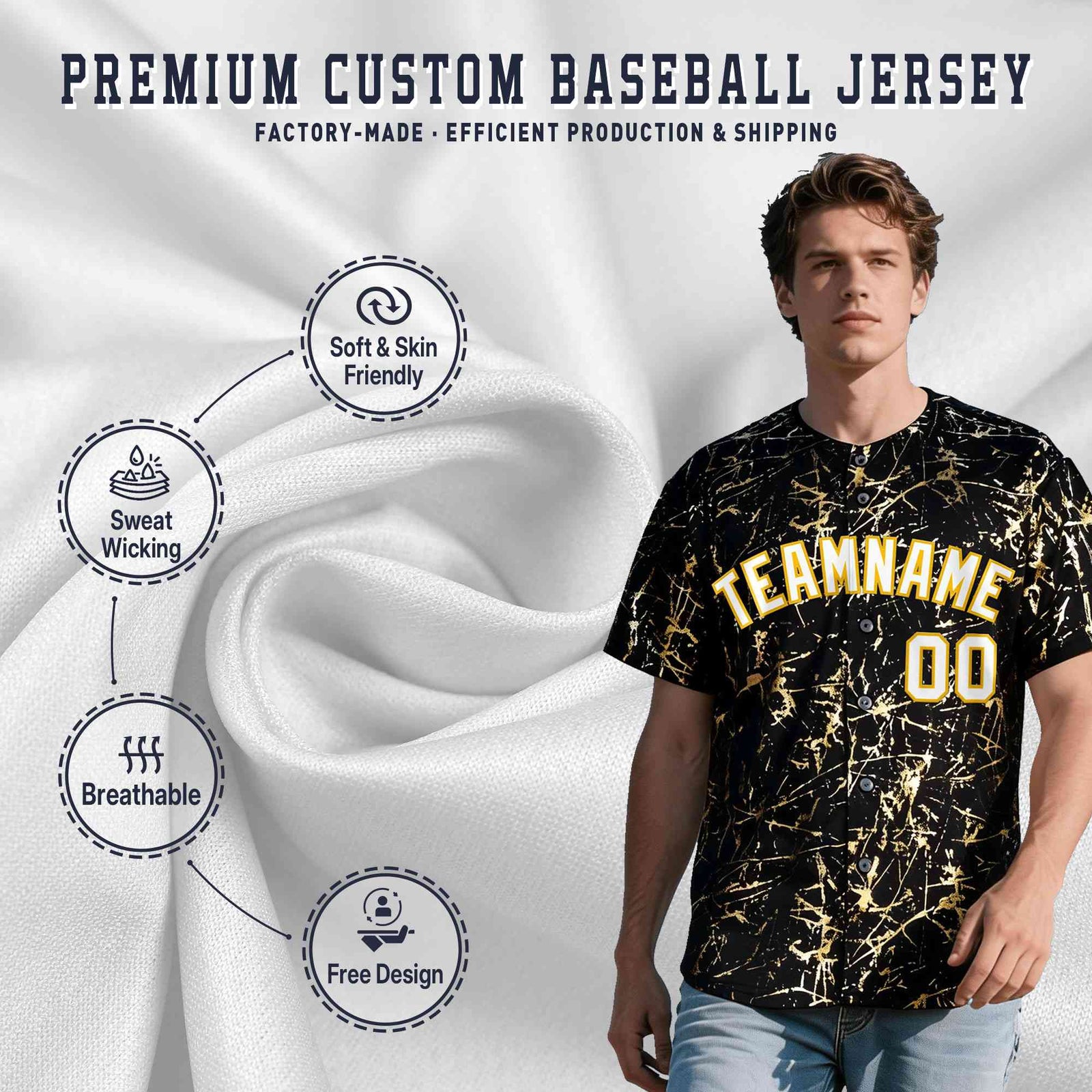 Custom Black White Black&Shiny Gold Cracked Foil Hip Hop Button Down Baseball Jersey