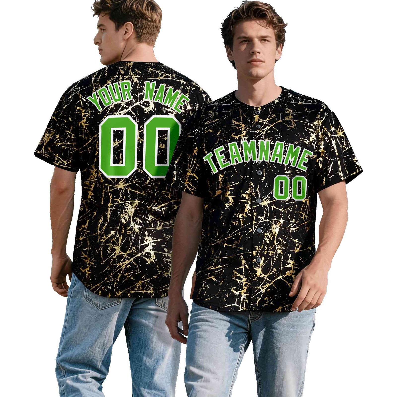 Custom Black Light Green Metallic Gold Splatter Breathable&Wrinkle-Resistant Baseball Jersey