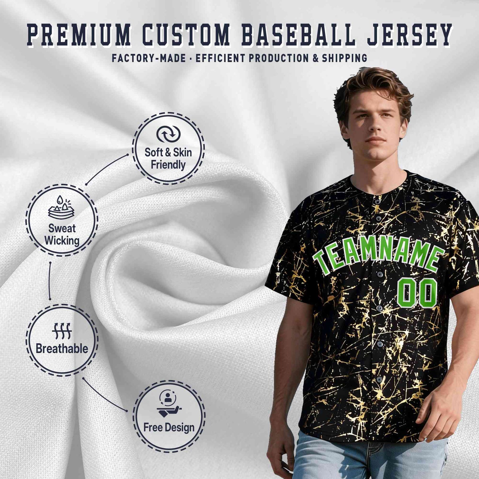 Custom Black Light Green Metallic Gold Splatter Breathable&Wrinkle-Resistant Baseball Jersey