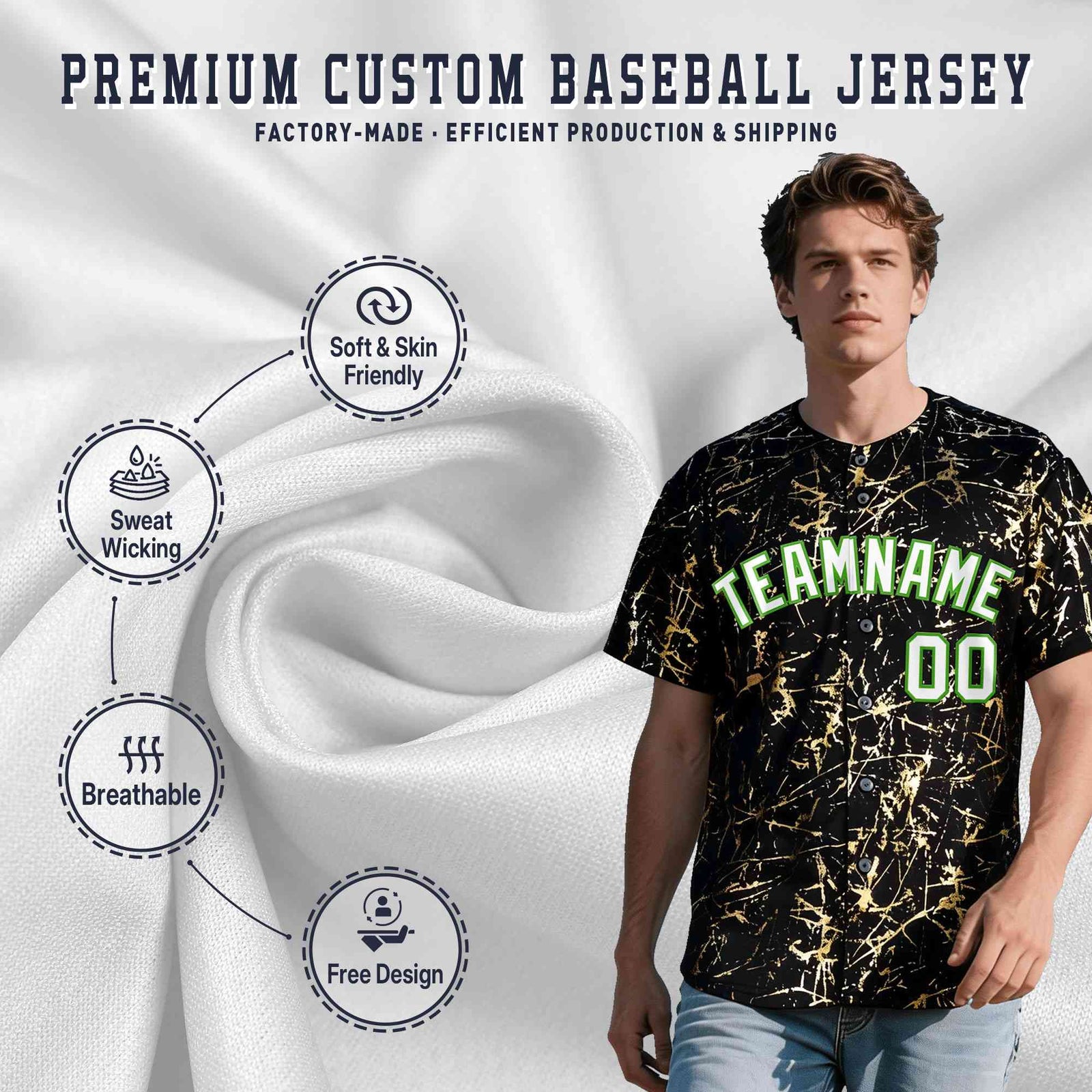 Custom Black White Black&Gold Marble Print Clubwear Party Streetwear Baseball Jersey