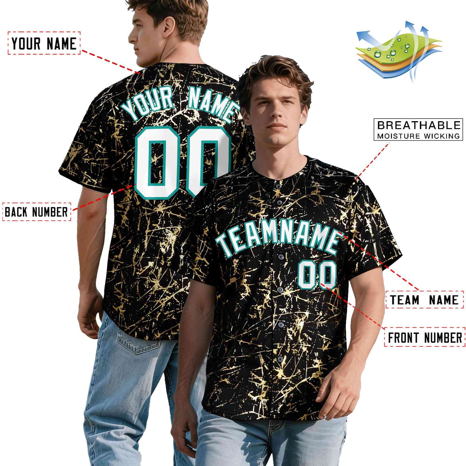 Custom Black White Black&Shiny Gold Cracked Foil Breathable Mesh Streetwear Baseball Jersey