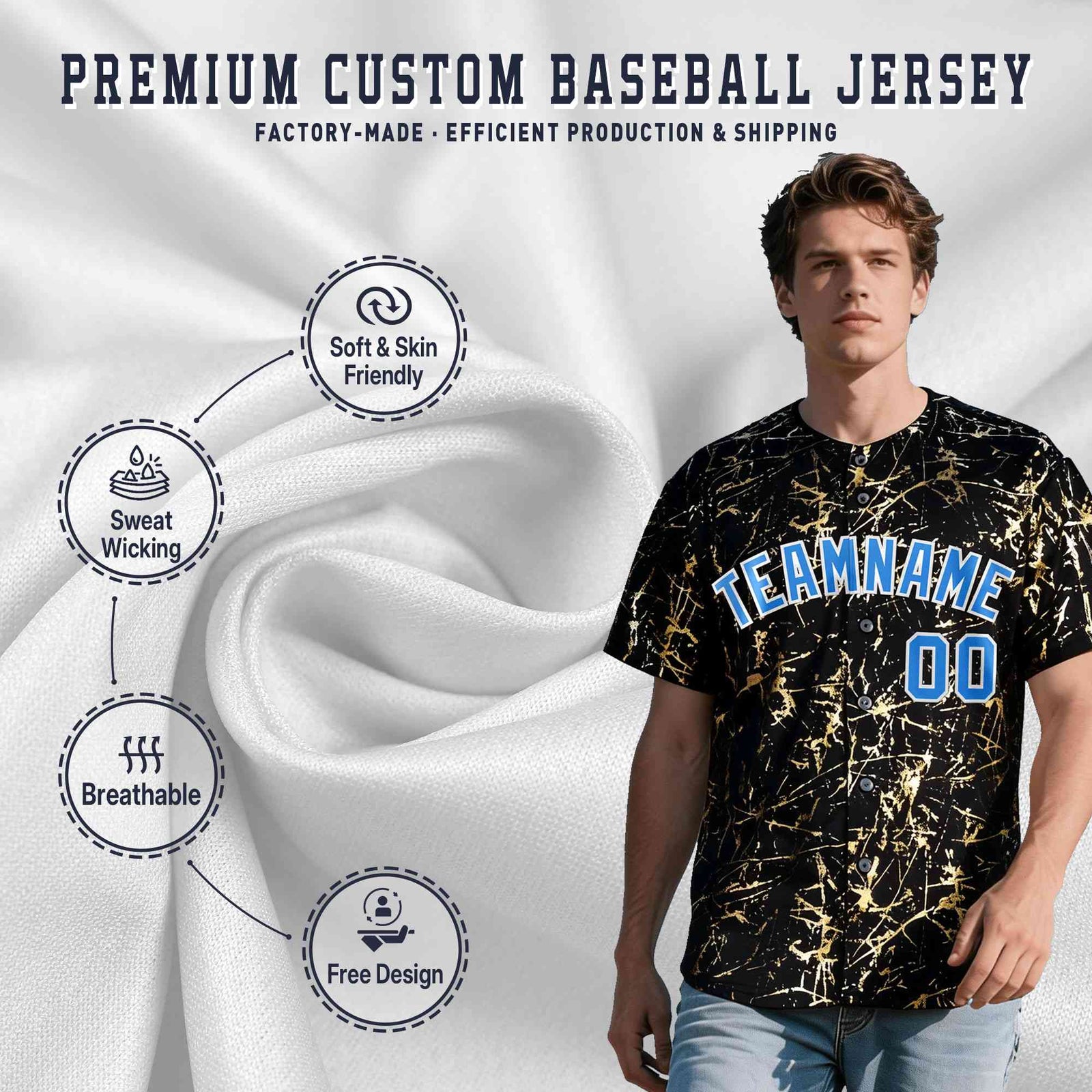 Custom Black Light Blue Shiny Gold Cracked Texture Baseball Jersey
