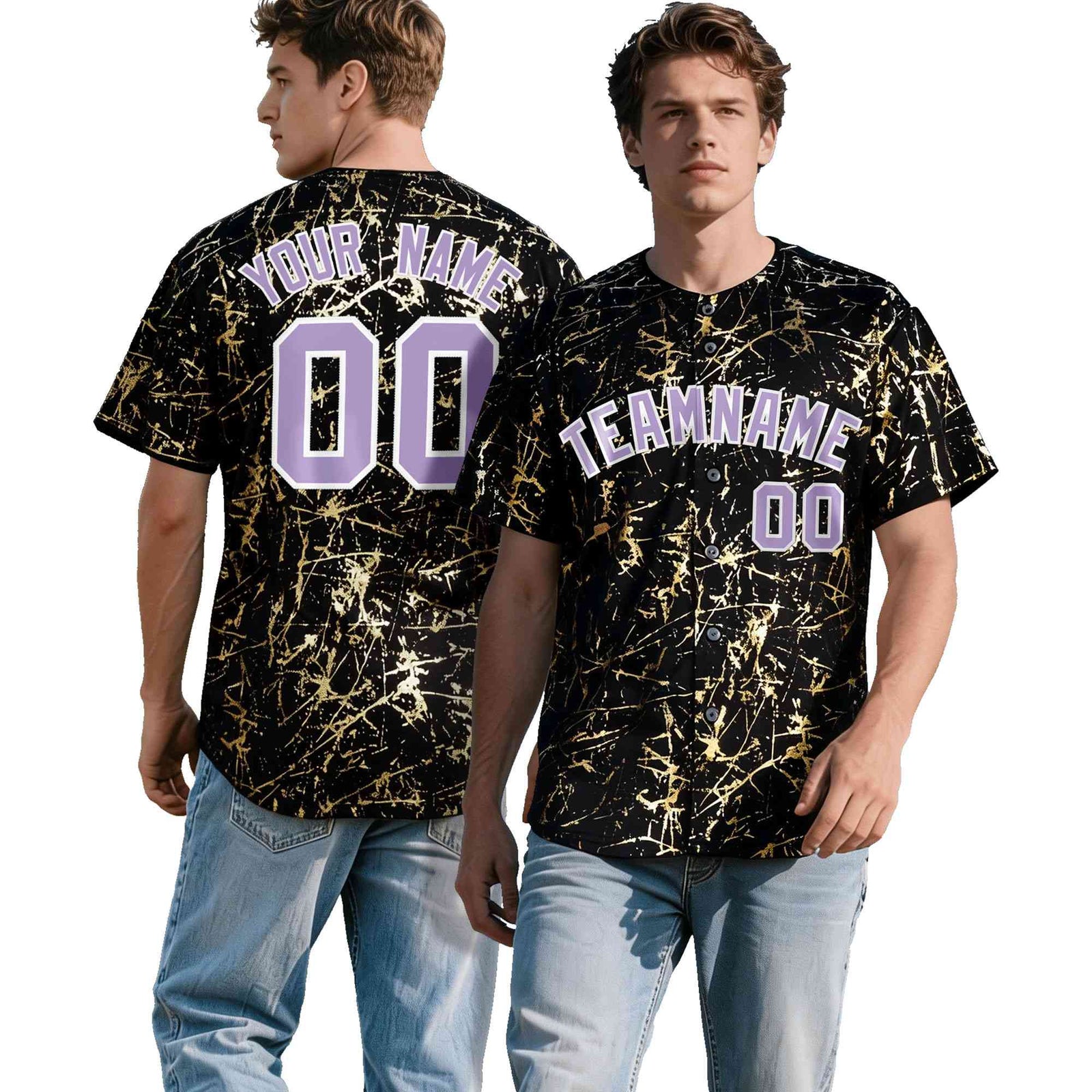 Custom Black Light Purple Metallic Gold Splatter Breathable&Wrinkle-Resistant Baseball Jersey