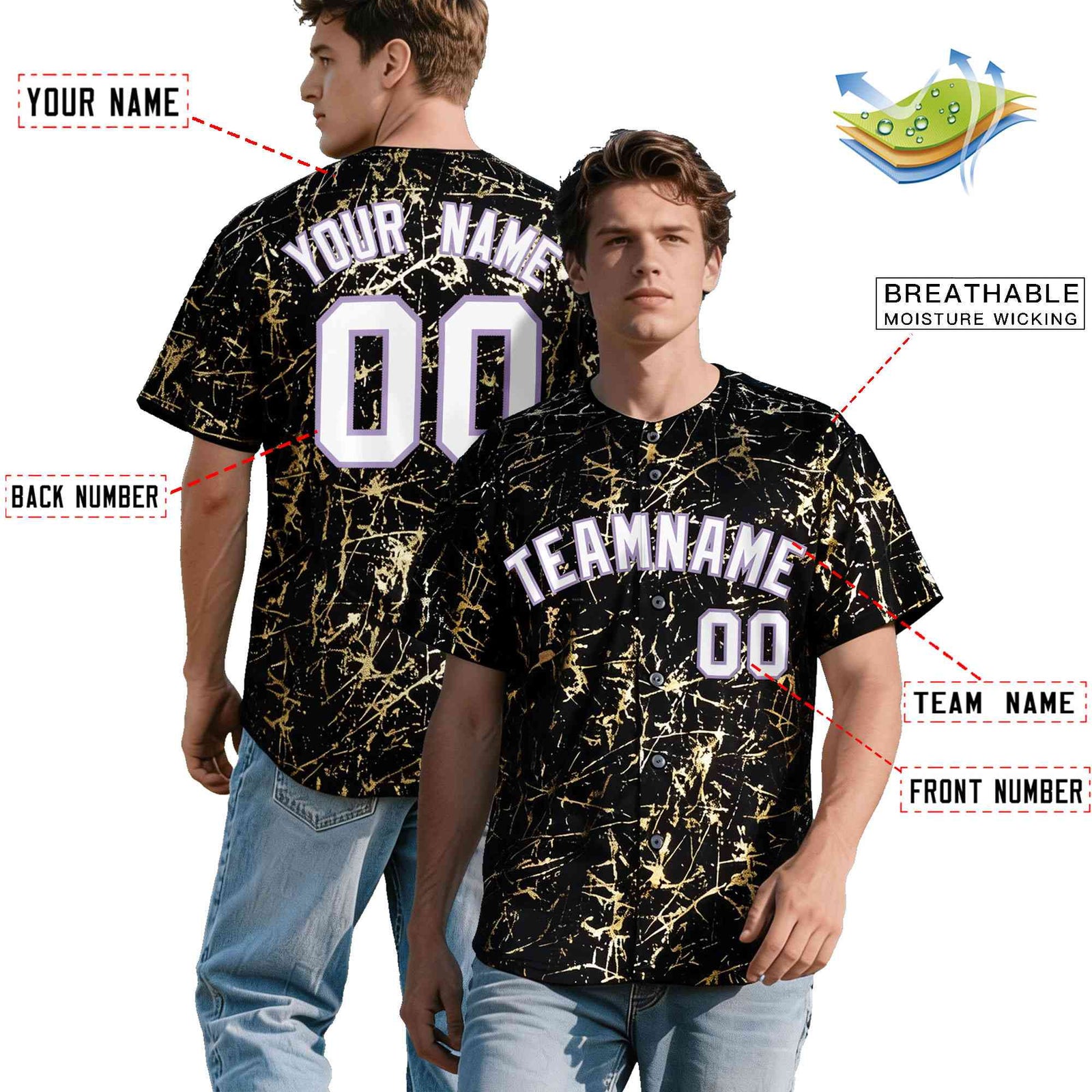 Custom Black White Black&Gold Marble Print Clubwear Party Streetwear Baseball Jersey