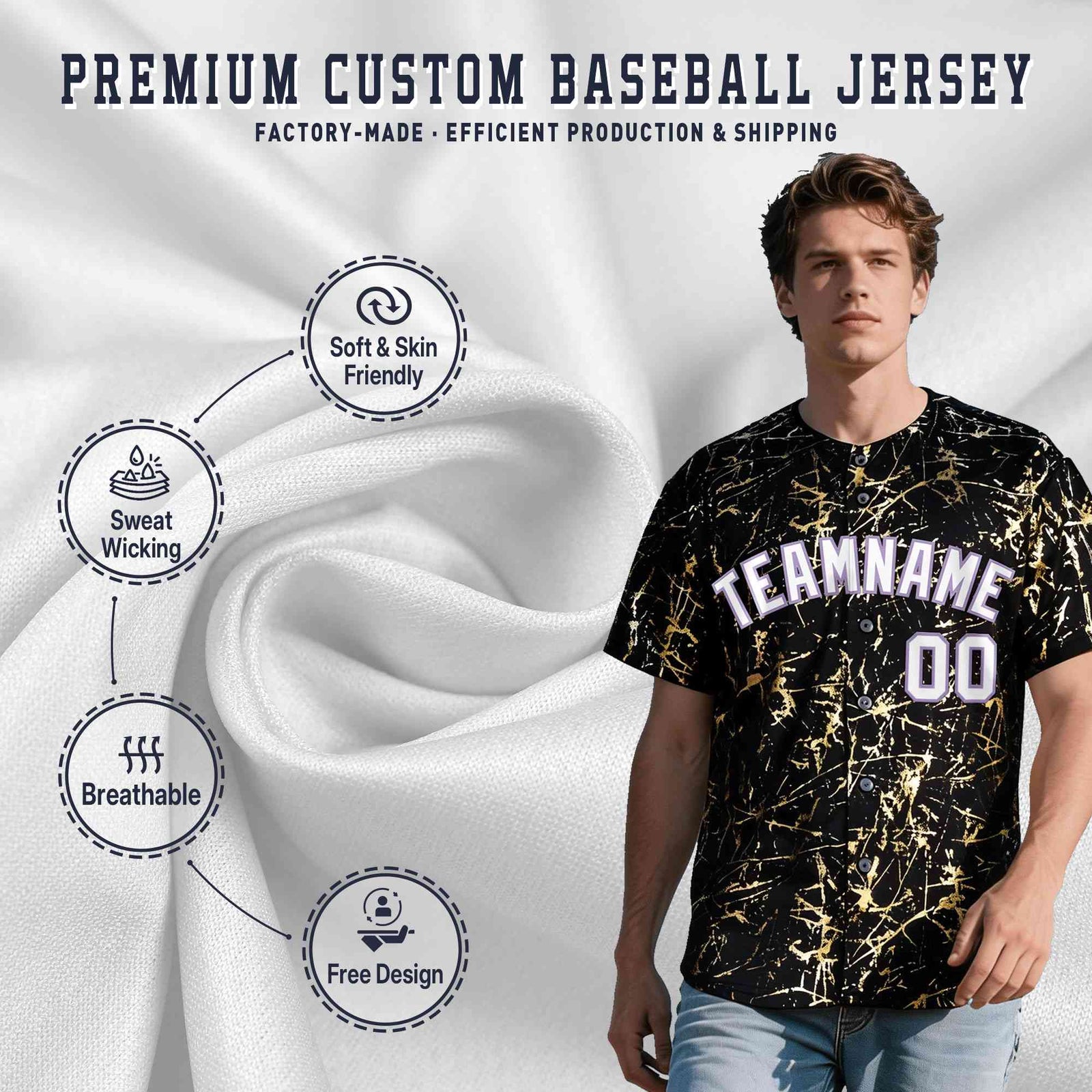 Custom Black White Black&Gold Marble Print Clubwear Party Streetwear Baseball Jersey