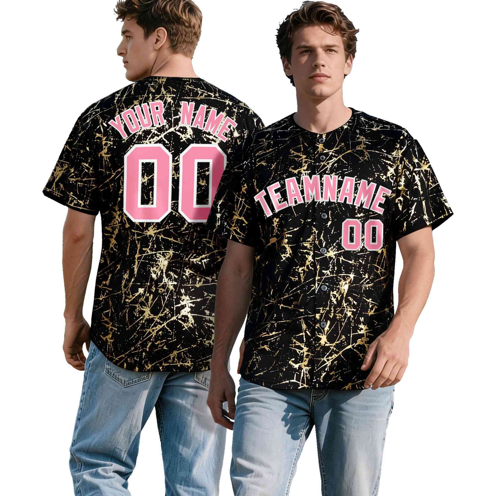 Custom Black Light Pink Metallic Gold Splatter Urban Streetwear Baseball Jersey