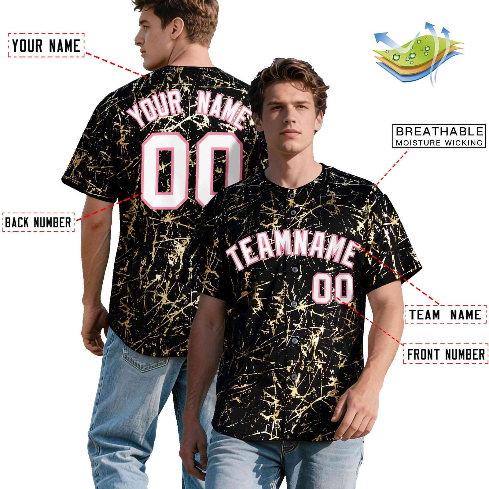 Custom Black White Black&Shiny Gold Cracked Foil Breathable Mesh Streetwear Baseball Jersey