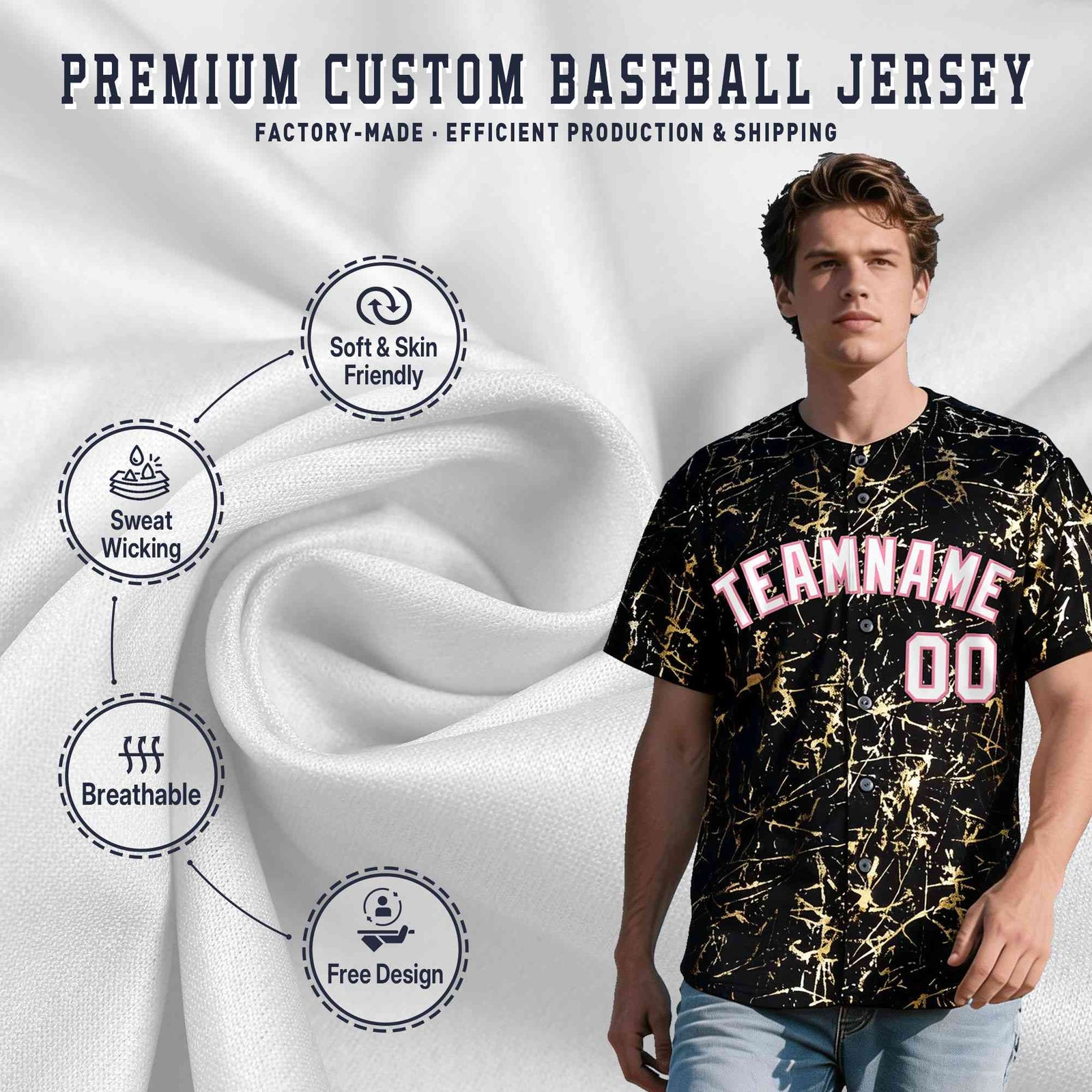 Custom Black White Black&Shiny Gold Cracked Foil Breathable Mesh Streetwear Baseball Jersey