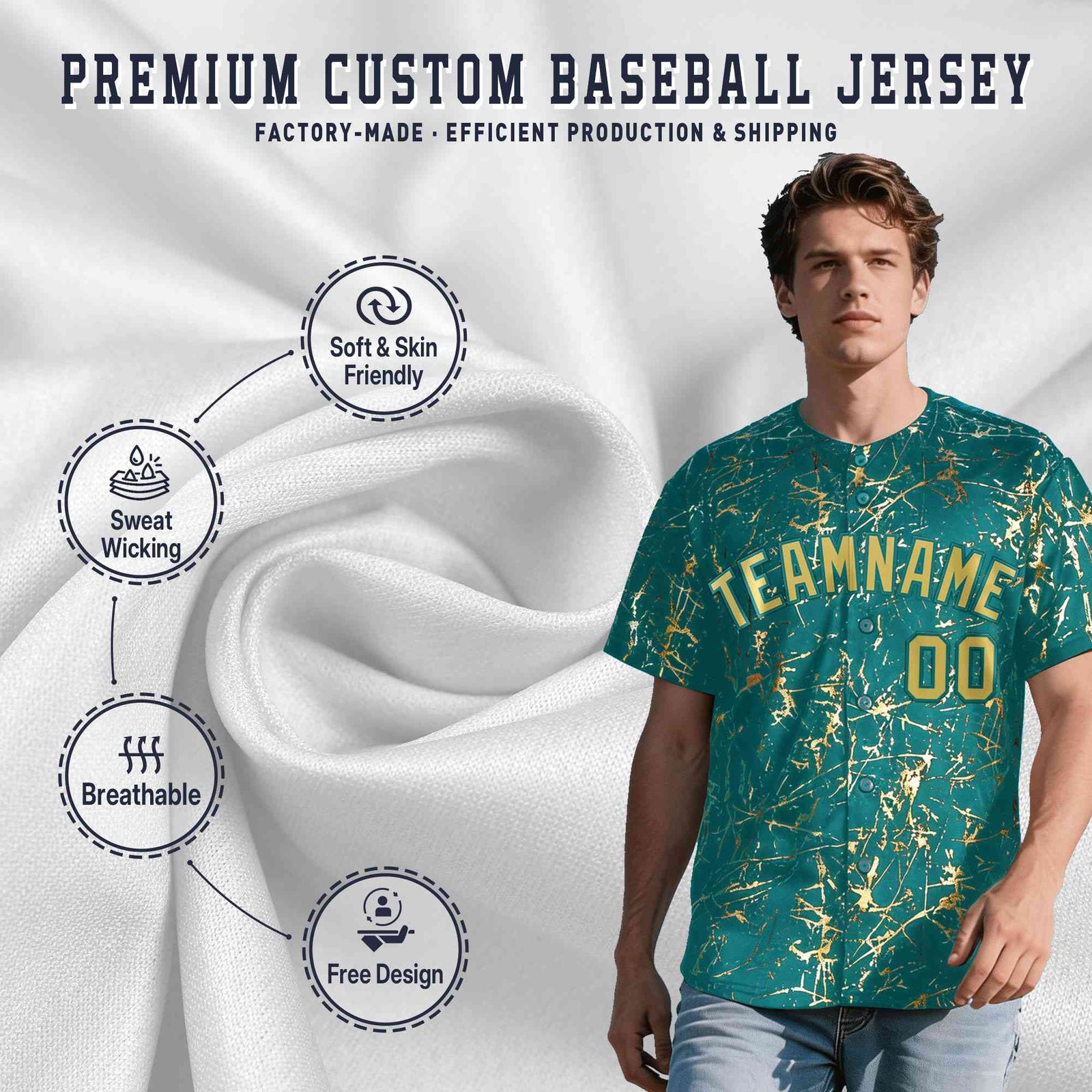 Custom Teal Old Gold Black&Shiny Gold Cracked Foil Hip Hop Button Down Baseball Jersey