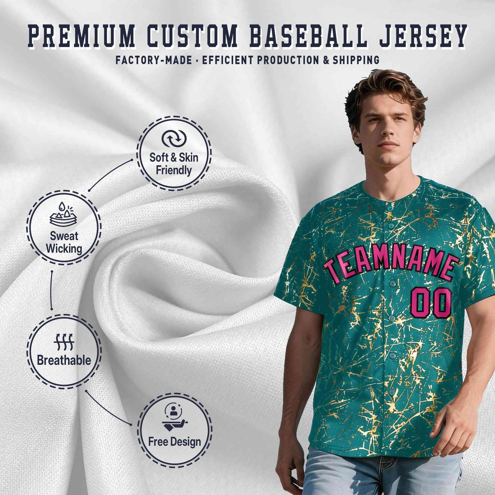 Custom Teal Rose Red Black&Gold Marble Print Clubwear Party Streetwear Baseball Jersey
