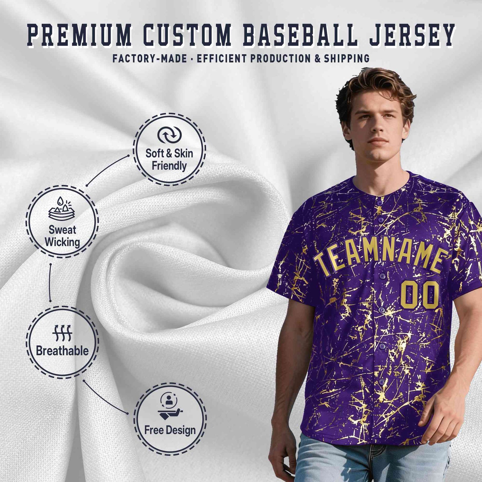 Custom Purple Old Gold Black&Shiny Gold Cracked Foil Hip Hop Button Down Baseball Jersey