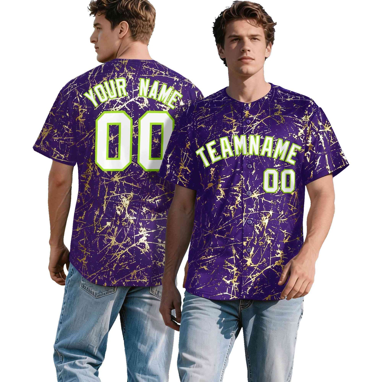 Custom Purple White Black&Shiny Gold Cracked Foil Breathable Mesh Streetwear Baseball Jersey