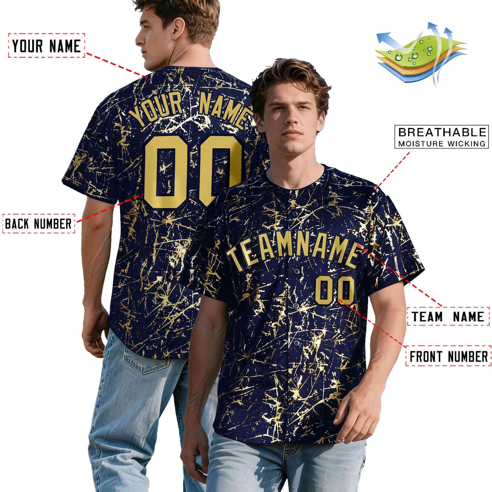 Custom Navy Old Gold Black&Shiny Gold Cracked Foil Hip Hop Button Down Baseball Jersey