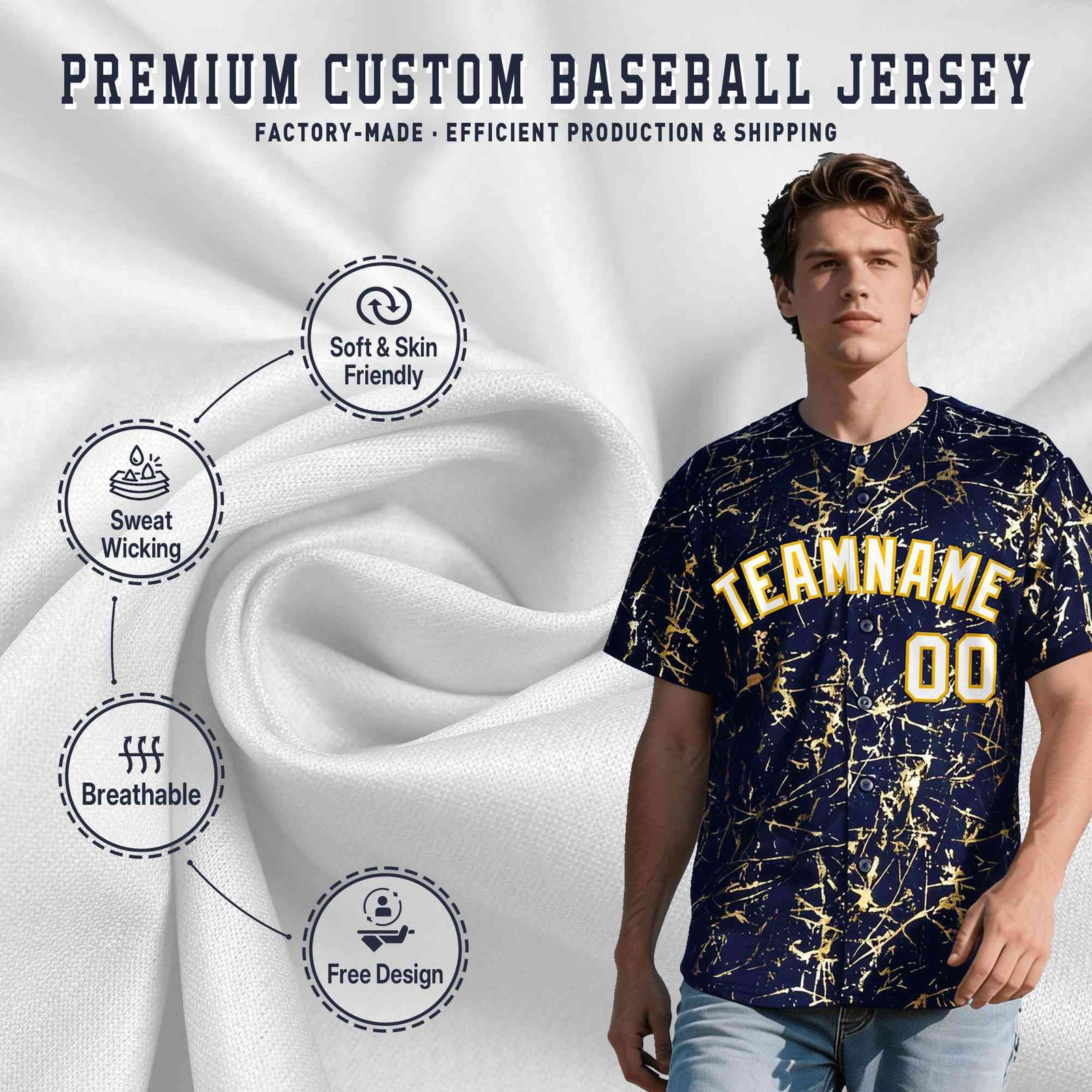 Custom Navy White Black&Shiny Gold Cracked Foil Breathable Mesh Streetwear Baseball Jersey