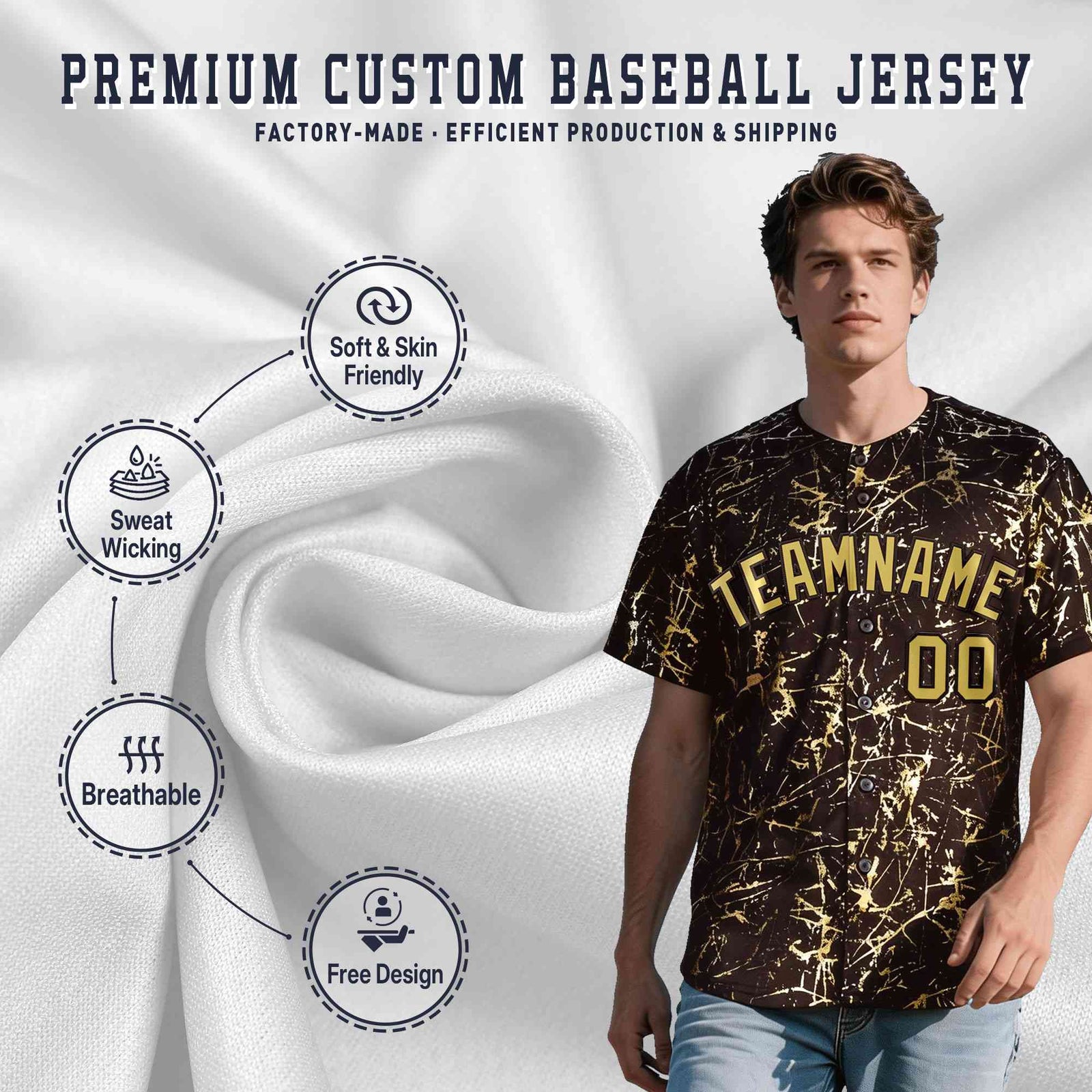 Custom Brown Old Gold Black&Shiny Gold Cracked Foil Hip Hop Button Down Baseball Jersey