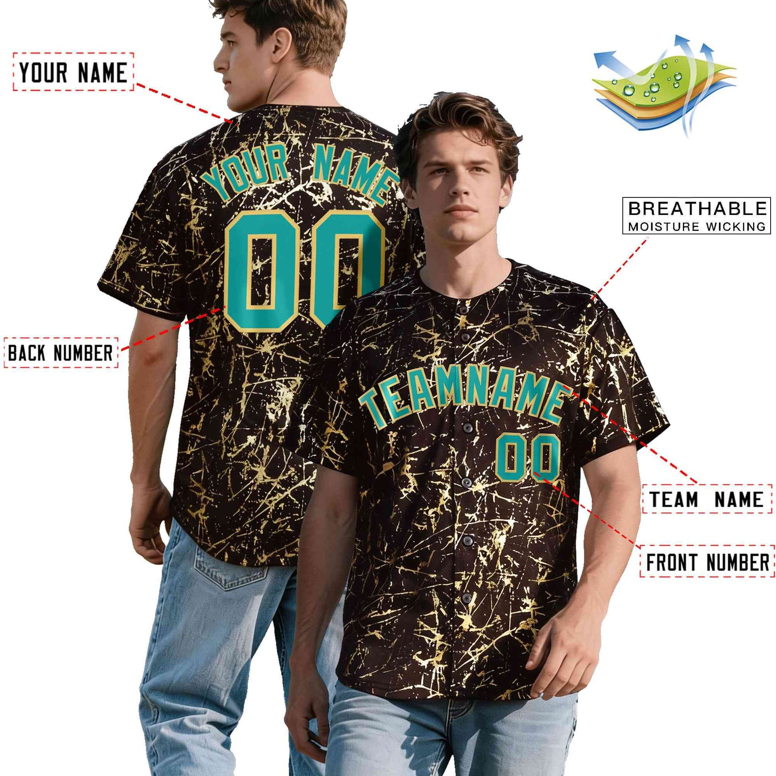 Custom Brown Aqua Metallic Gold Splatter Breathable&Wrinkle-Resistant Baseball Jersey