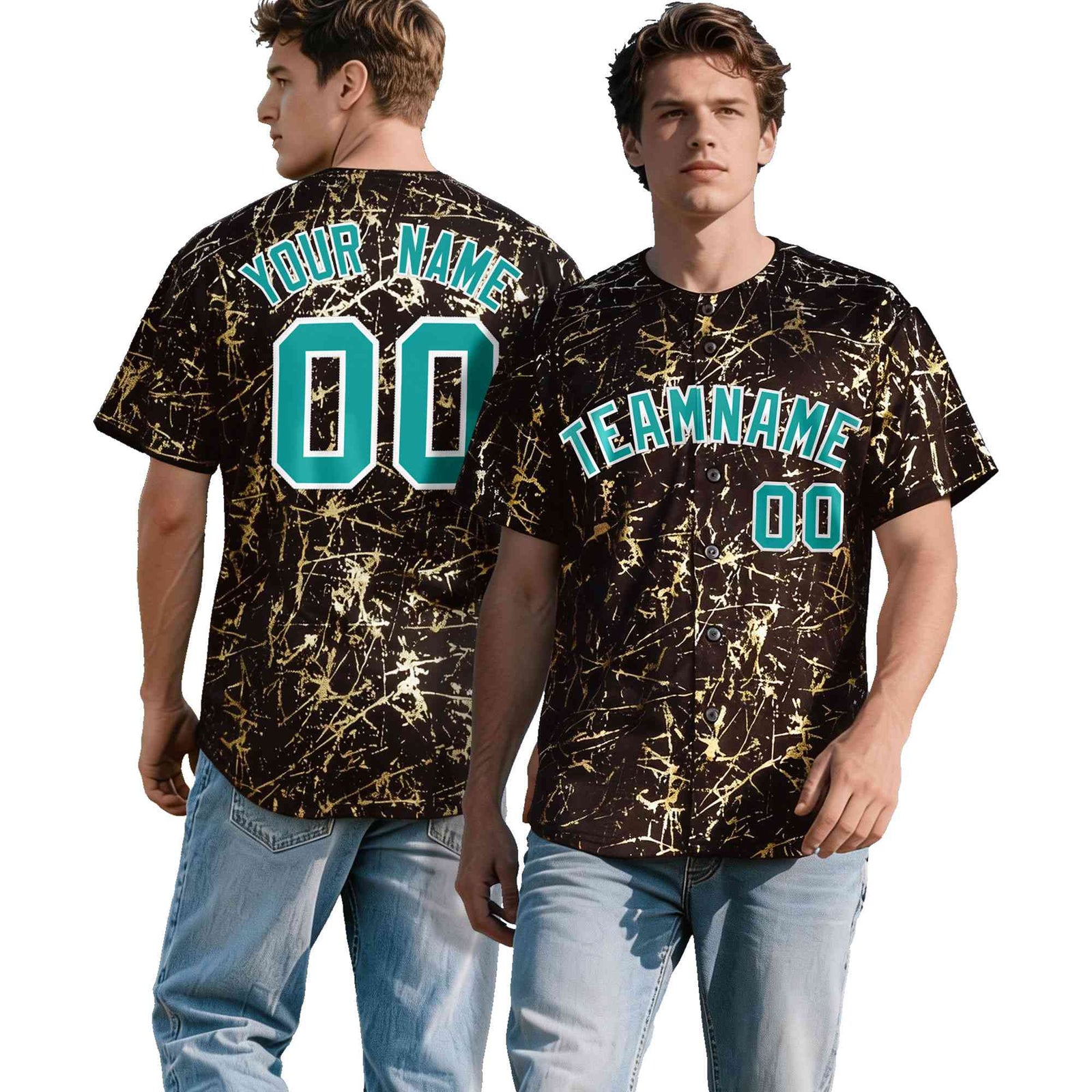 Custom Brown Aqua Metallic Gold Splatter Urban Streetwear Baseball Jersey
