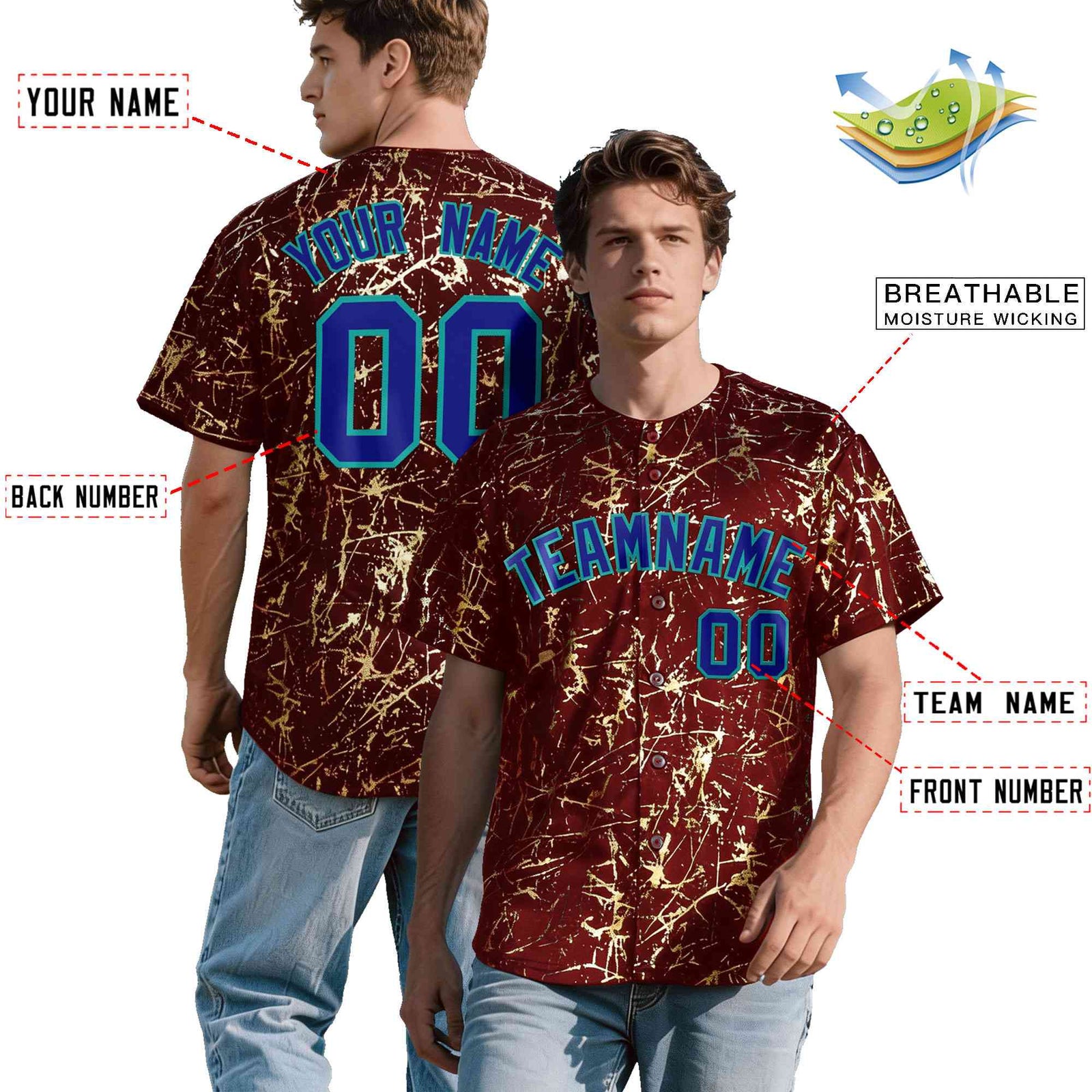 Custom Crimson Royal Metallic Gold Splatter Breathable&Wrinkle-Resistant Baseball Jersey