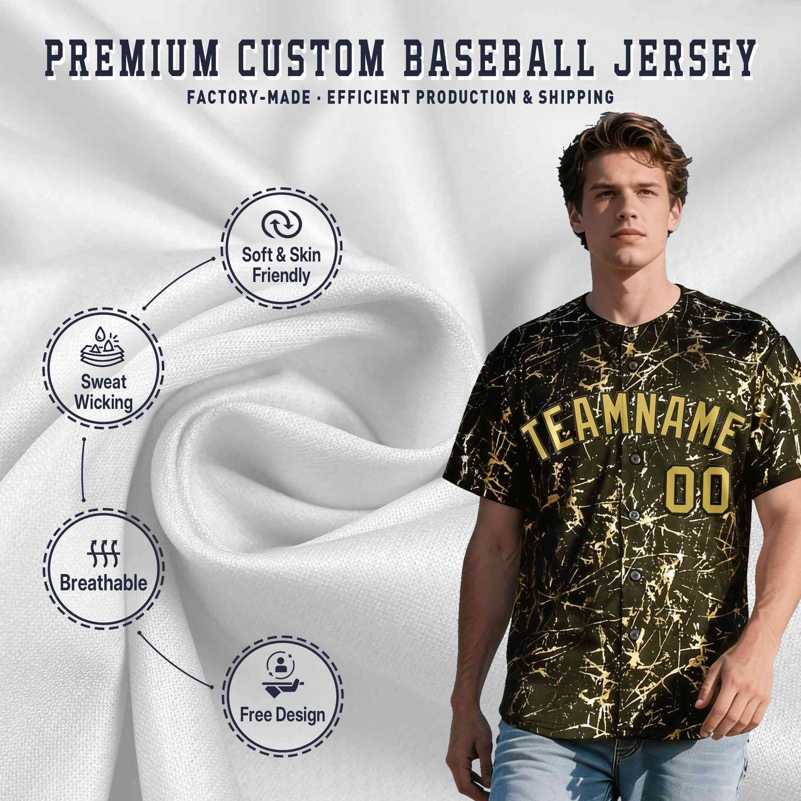 Custom Olive Old Gold Black&Shiny Gold Cracked Foil Hip Hop Button Down Baseball Jersey