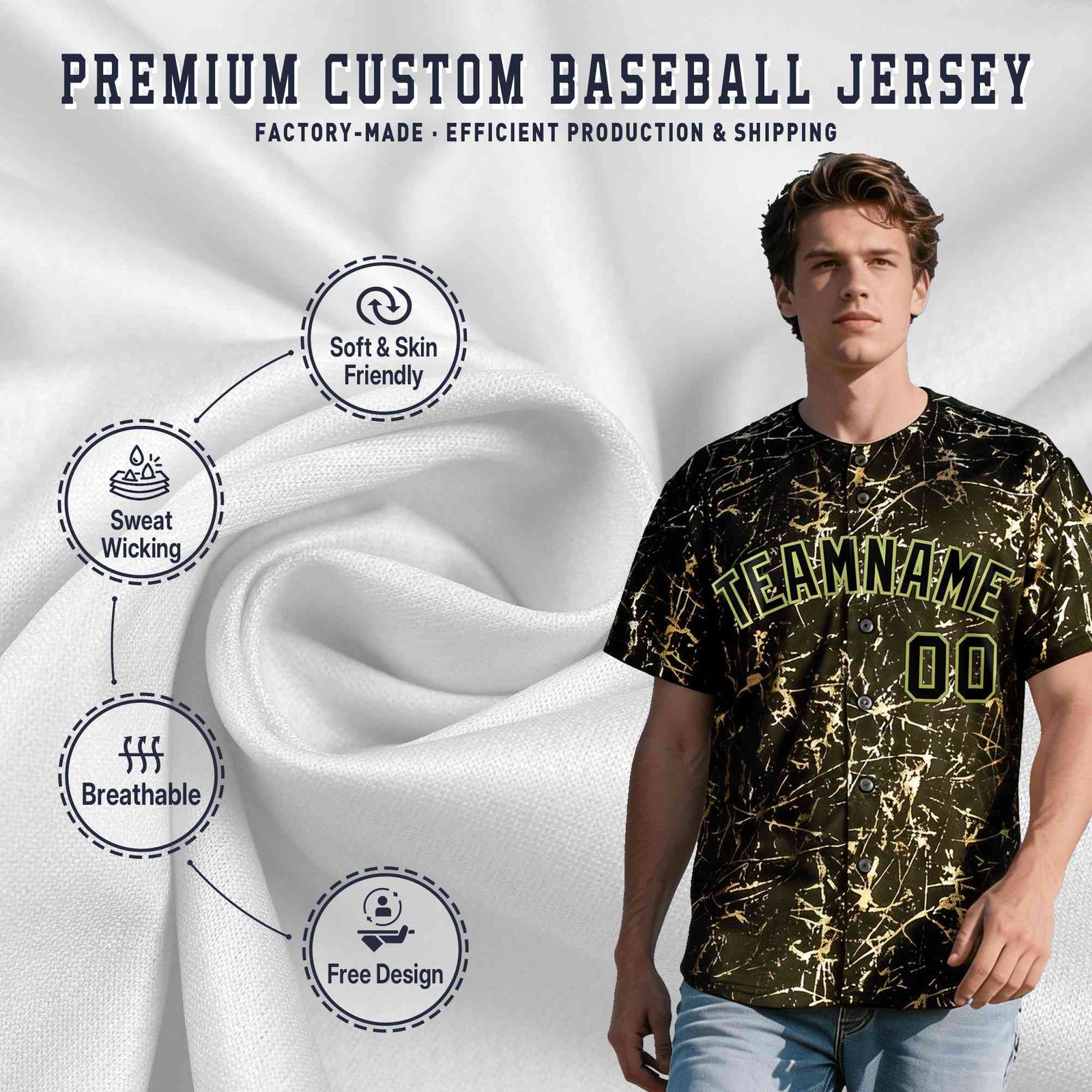 Custom Olive Black Metallic Gold Splatter Breathable&Wrinkle-Resistant Baseball Jersey