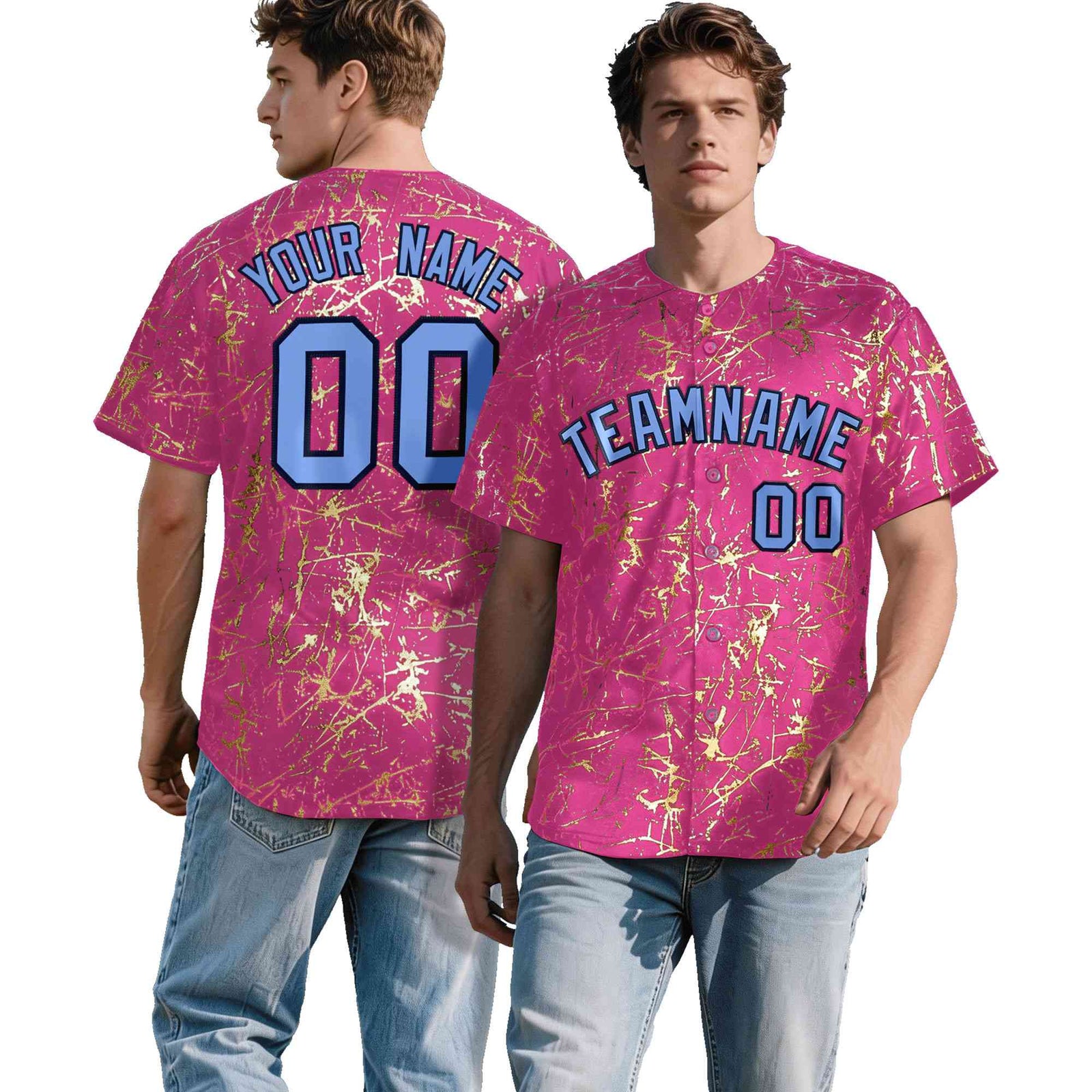Custom Pink Light Blue Black&Gold Marble Print Clubwear Party Streetwear Baseball Jersey