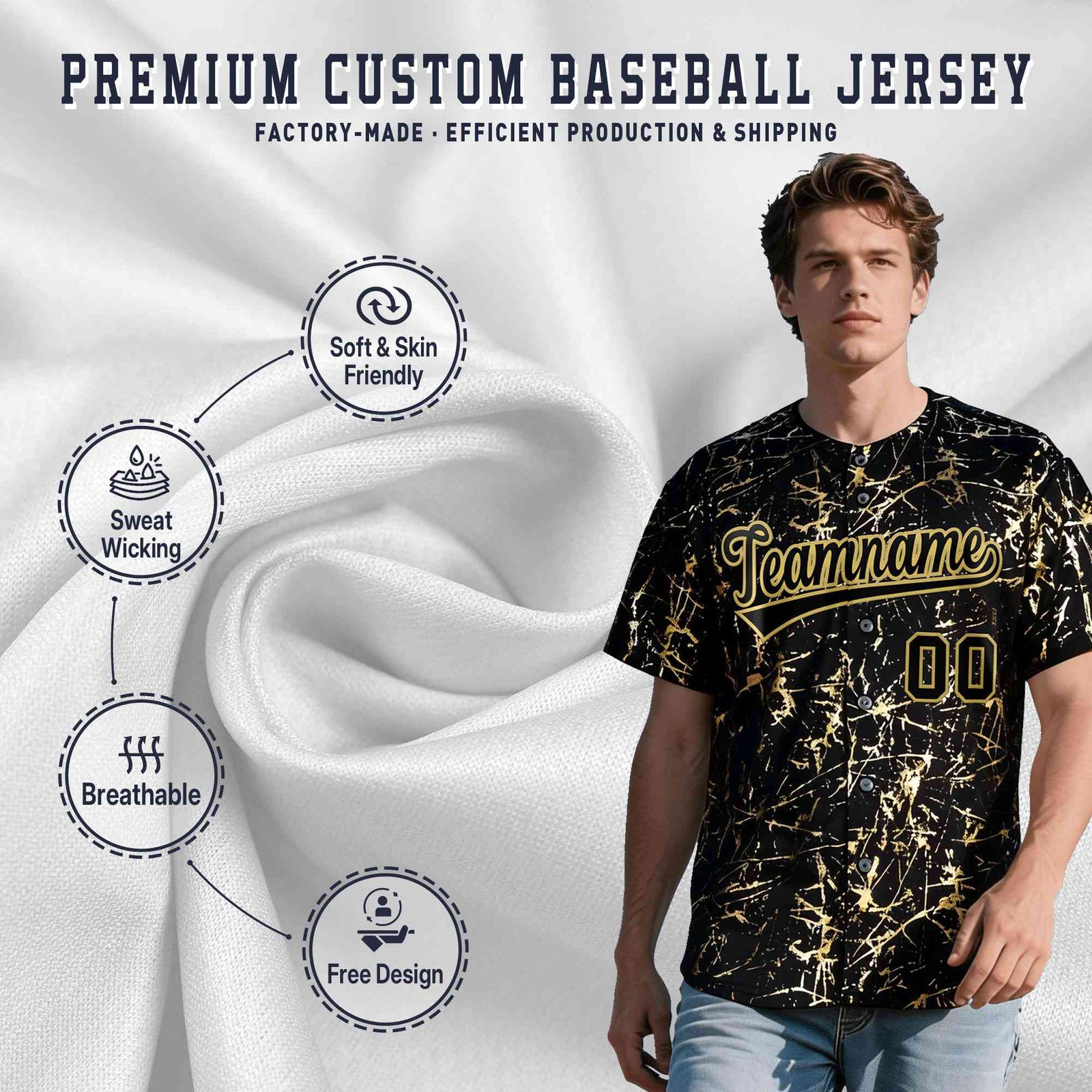 Custom Black Old Gold Black&Shiny Gold Cracked Foil Hip Hop Button Down Baseball Jersey| KXKSHOP