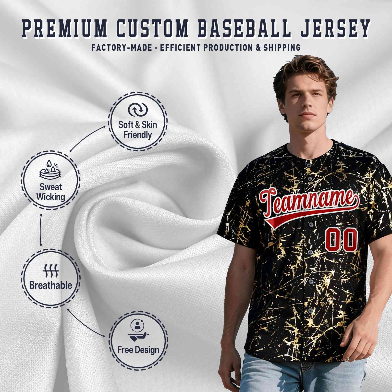 Custom Black Red Metallic Gold Splatter Breathable&Wrinkle-Resistant Baseball Jersey| KXKSHOP