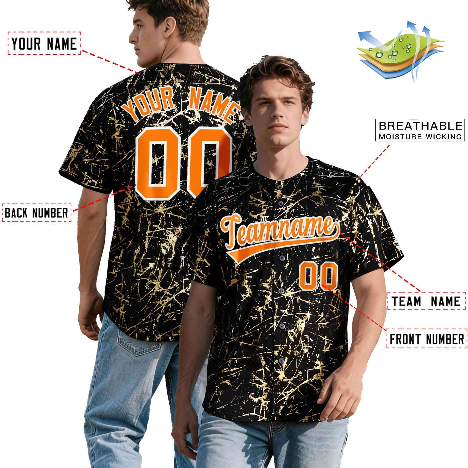 Custom Black Orange Metallic Gold Splatter Urban Streetwear Baseball Jersey| KXKSHOP