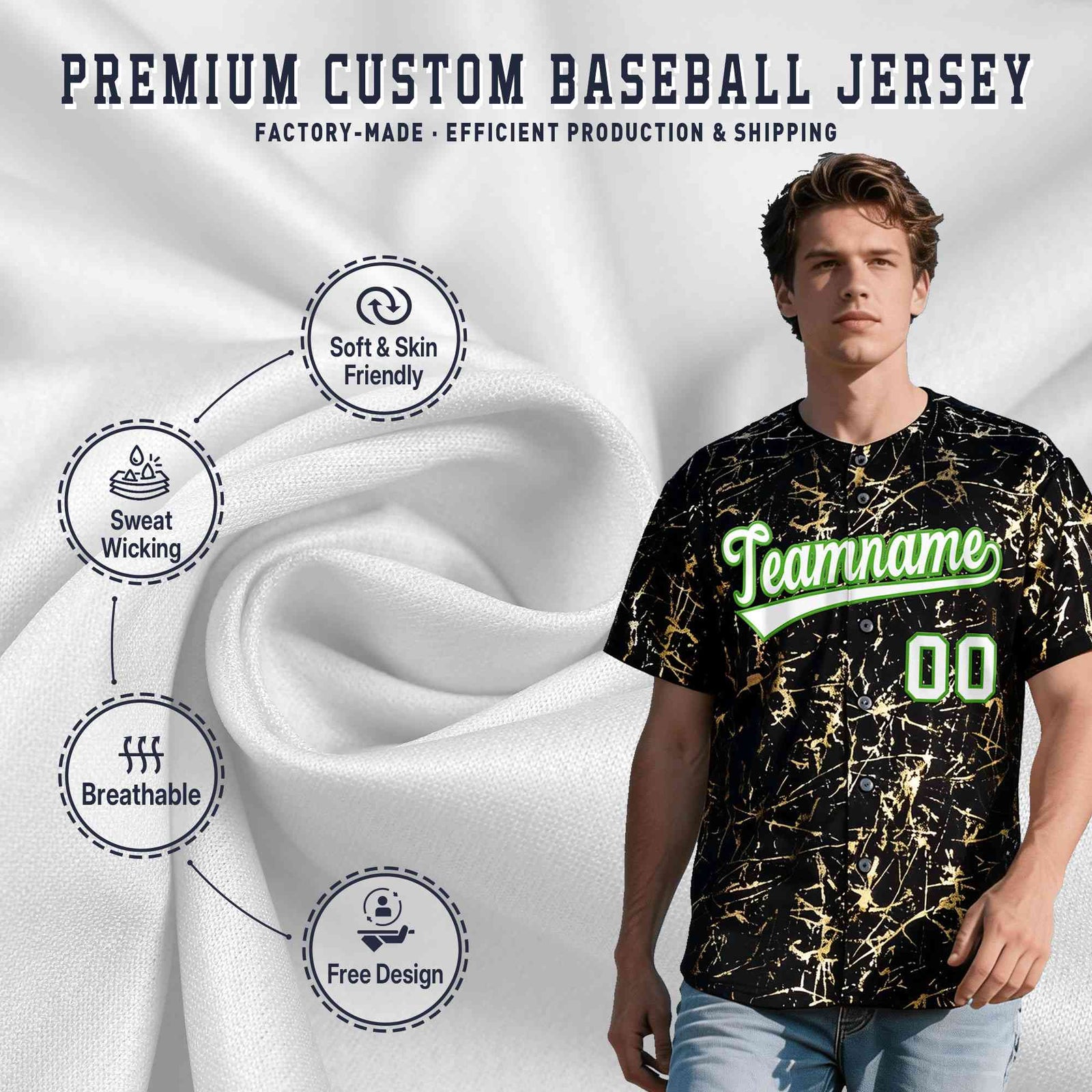 Custom Black White Black&Gold Marble Print Clubwear Party Streetwear Baseball Jersey| KXKSHOP