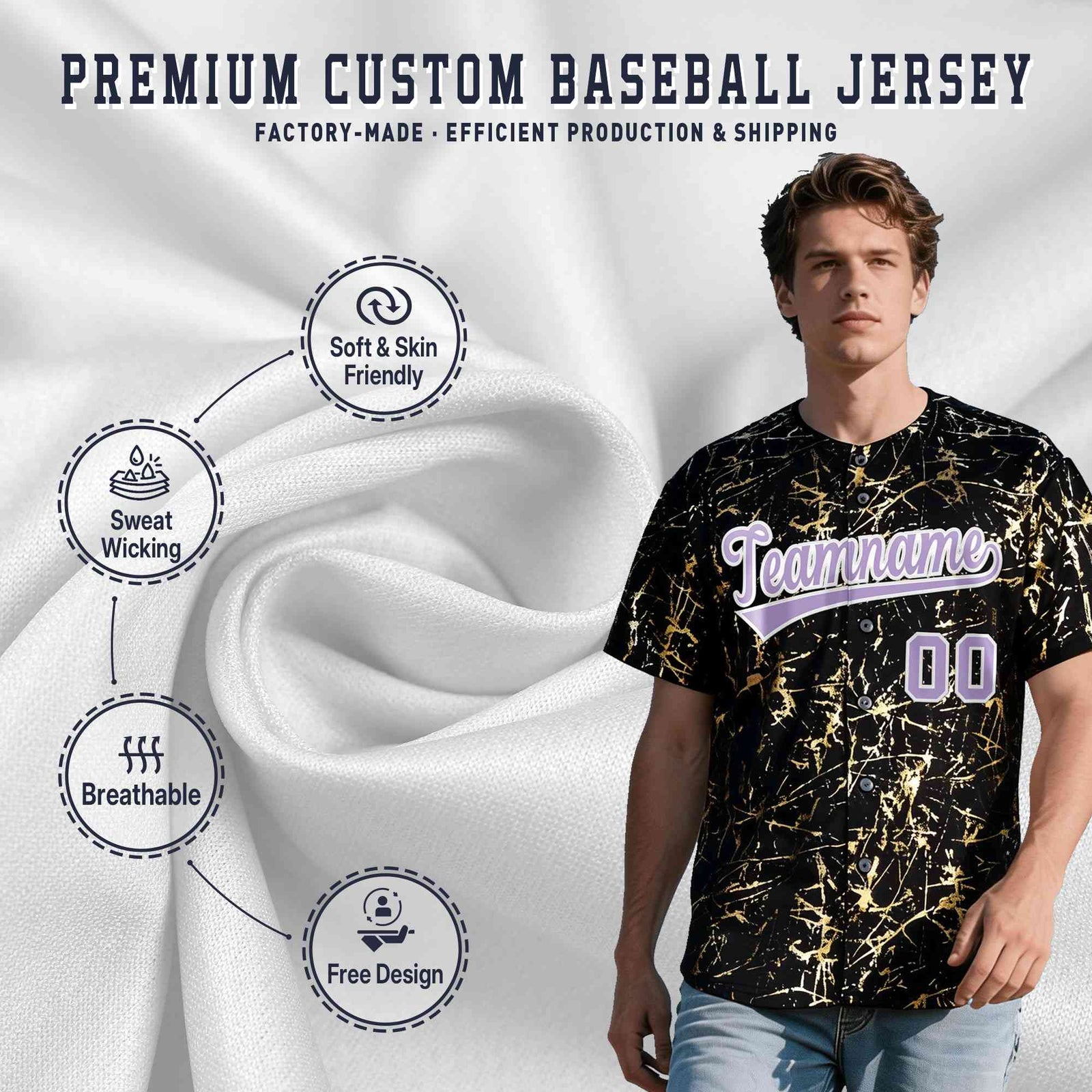 Custom Black Light Purple Metallic Gold Splatter Breathable&Wrinkle-Resistant Baseball Jersey| KXKSHOP