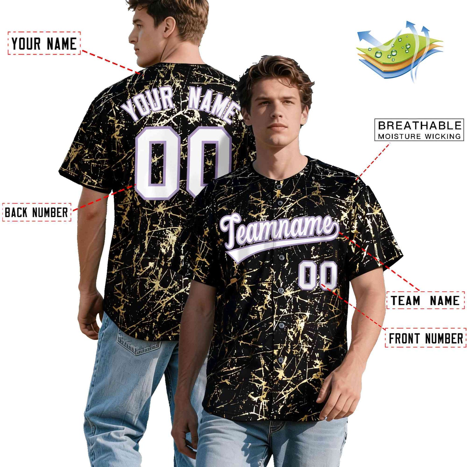 Custom Black White Black&Gold Marble Print Clubwear Party Streetwear Baseball Jersey| KXKSHOP