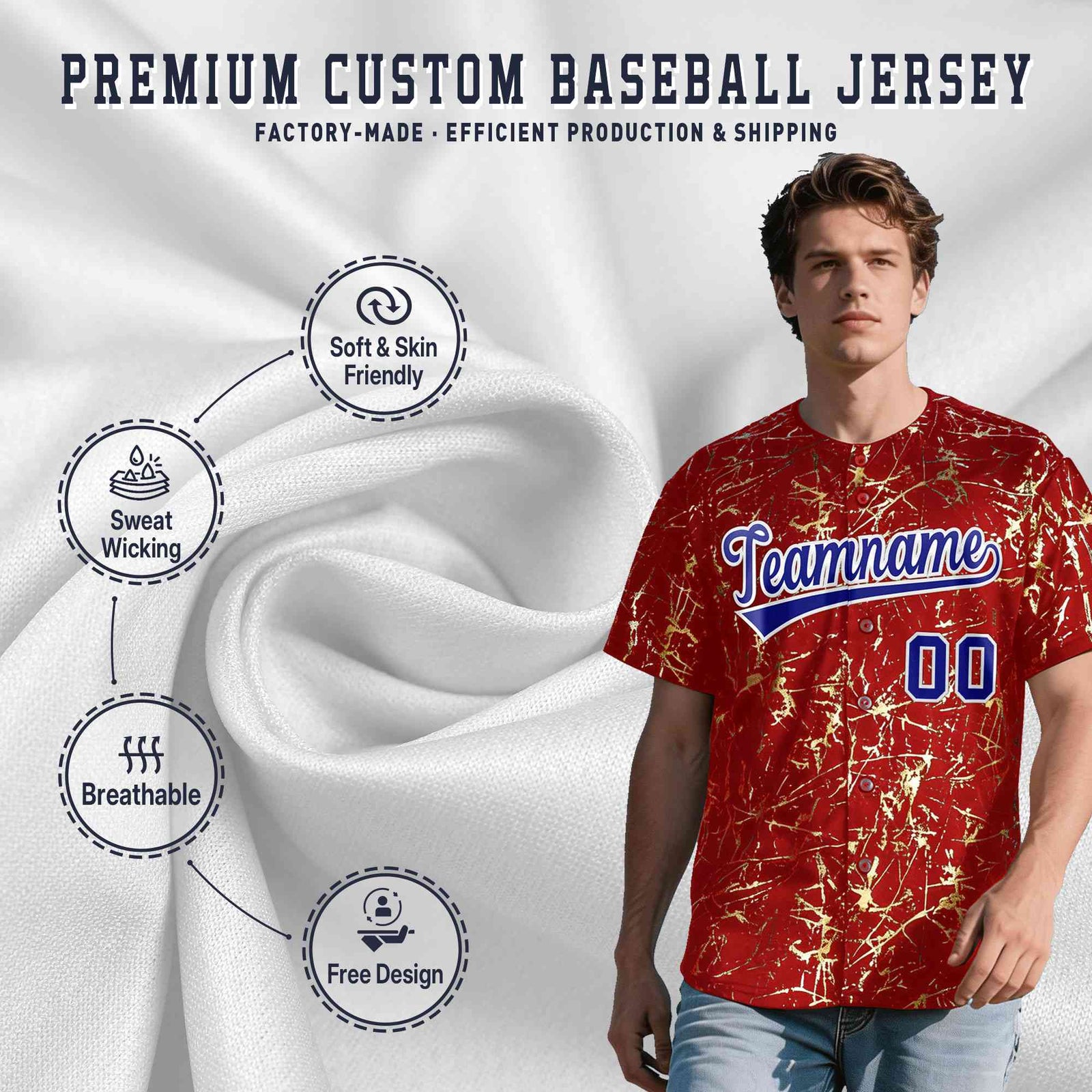 Custom Red Royal Shiny Gold Cracked Texture Baseball Jersey| KXKSHOP