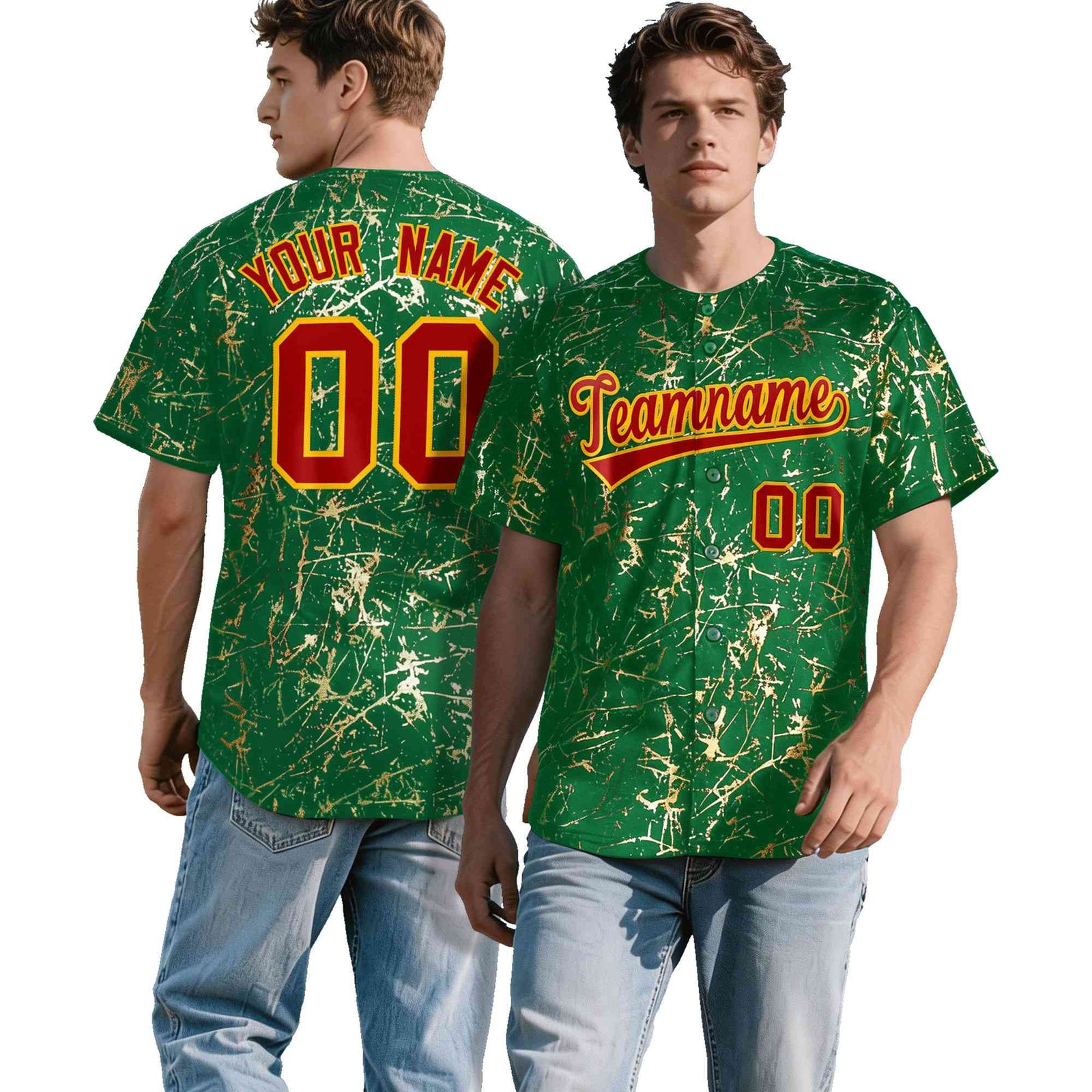 Custom Kelly Green Red Metallic Gold Splatter Breathable&Wrinkle-Resistant Baseball Jersey| KXKSHOP