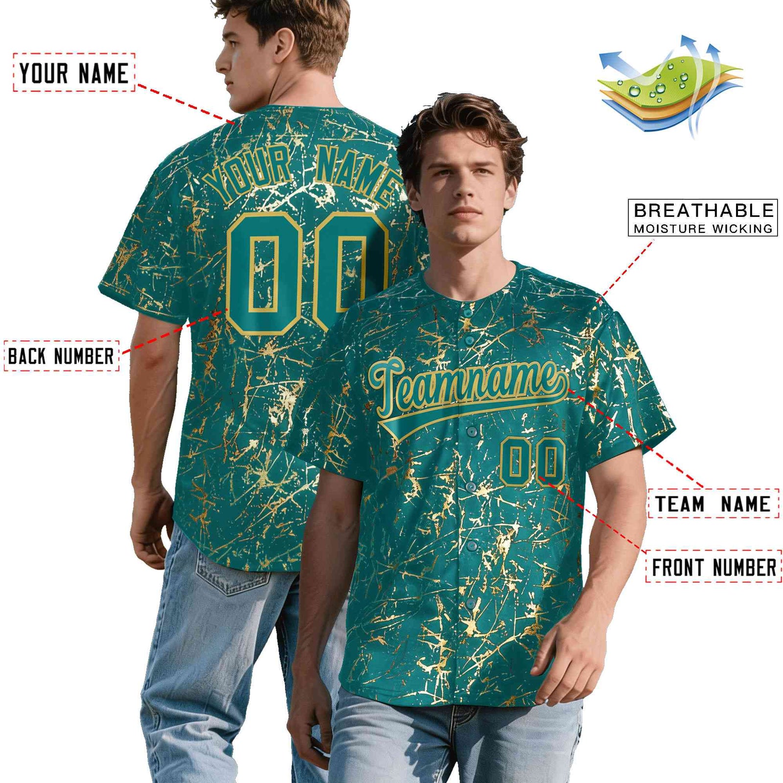 Custom Teal Old Gold Shiny Gold Cracked Texture Baseball Jersey| KXKSHOP