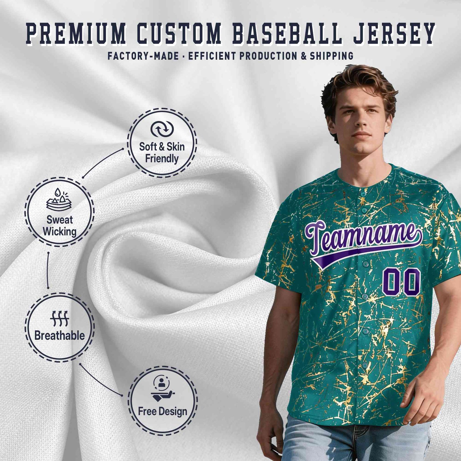 Custom Teal Purple Metallic Gold Splatter Urban Streetwear Baseball Jersey| KXKSHOP