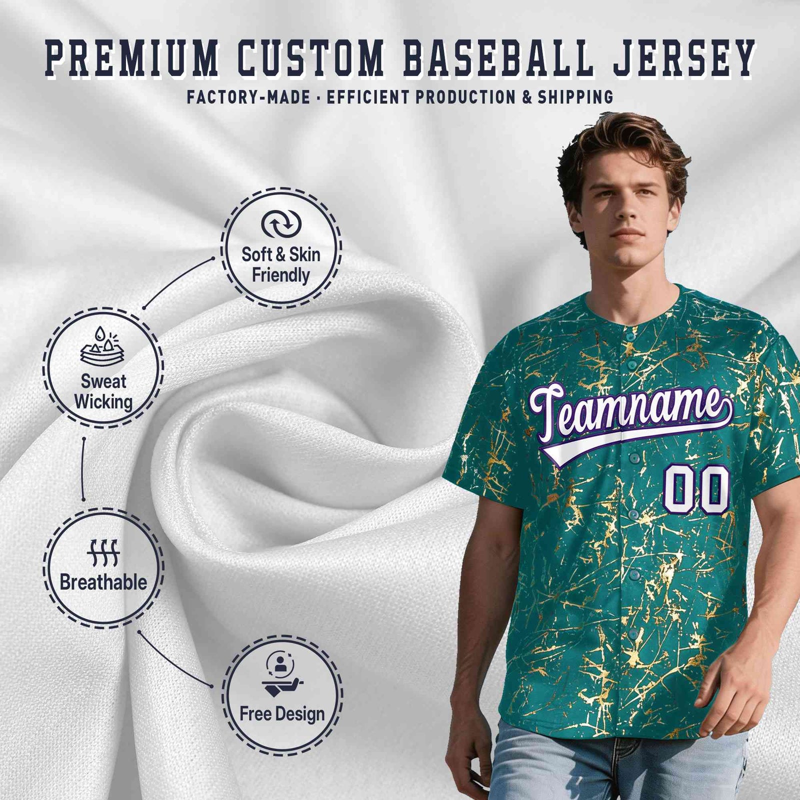 Custom Teal White Black&Shiny Gold Cracked Foil Breathable Mesh Streetwear Baseball Jersey| KXKSHOP